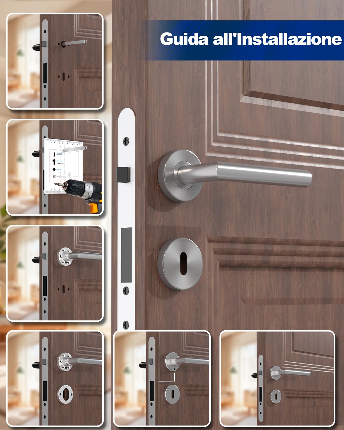 Maniglie Per Porte Interne In Acciaio Inox Spazzolato - Forma A L, Colore Argento, Set Per Casa