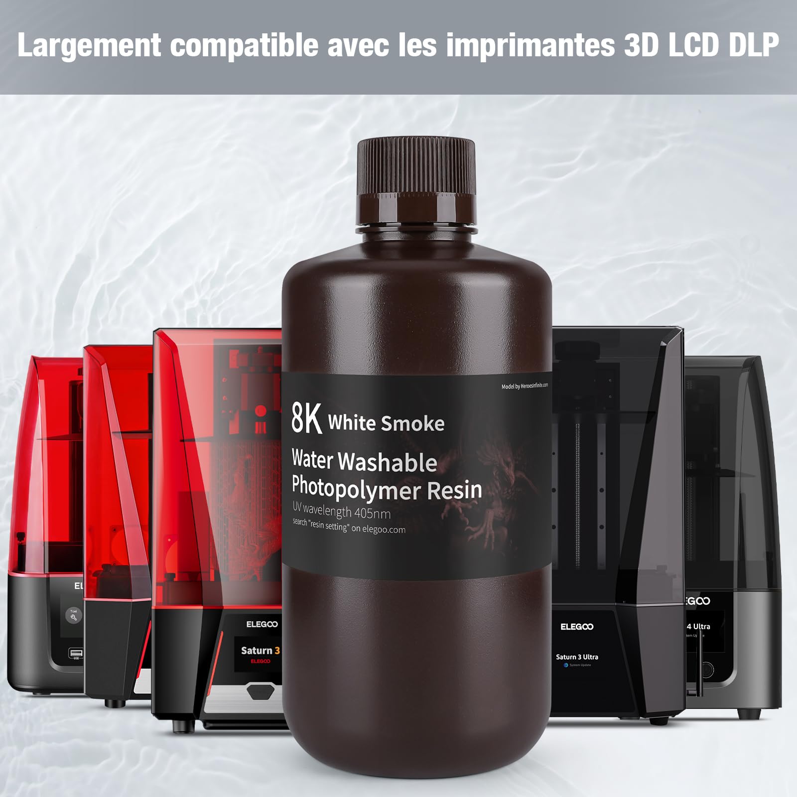 ELEGOO Résine Lavable à l'eau pour Imprimante 3D LCD 8K UV 405nm Résine Photopolymère, Fumée Blanche 1000G