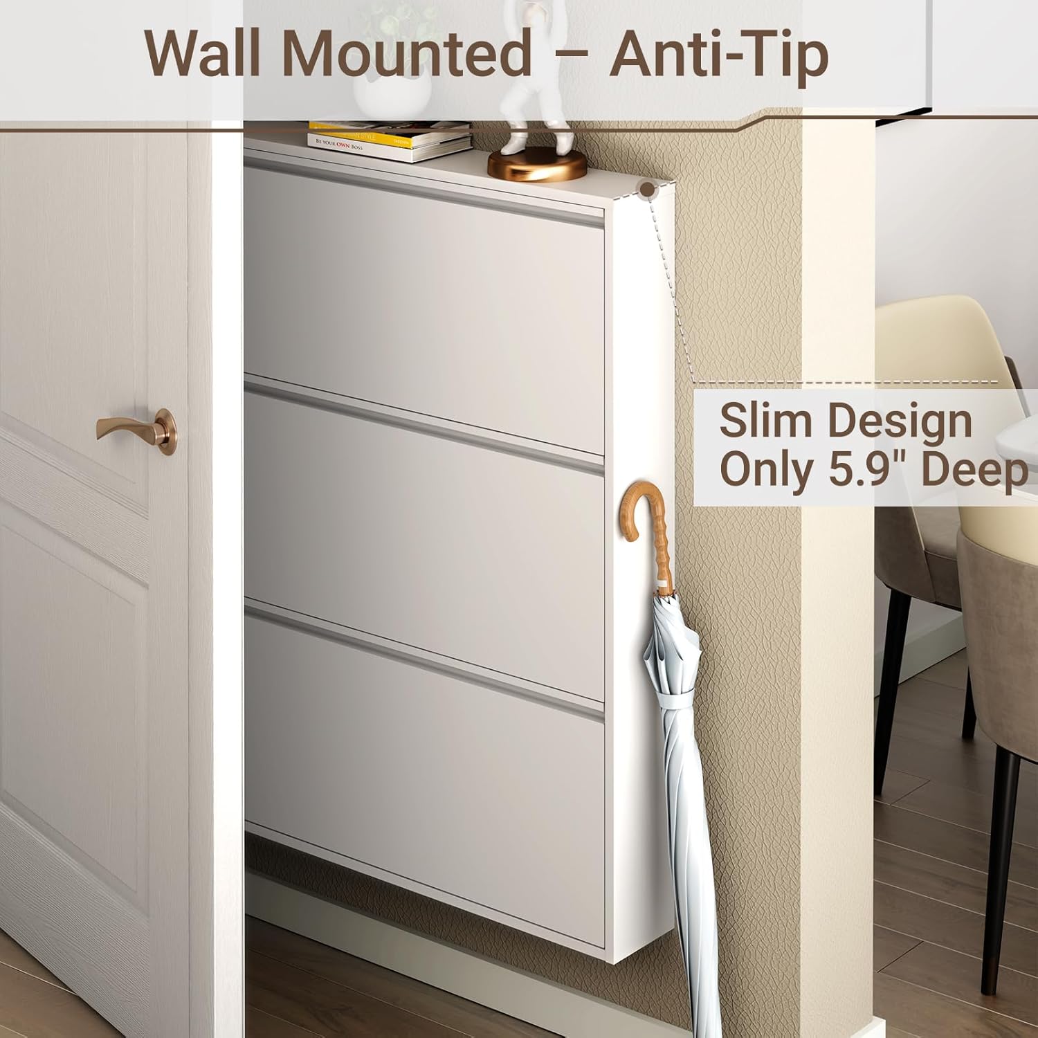 Metal Shoe Cabinet with 3 Flip Drawers, Slim Wall Mounted Steel Shoe Storage Organizer for Entryway, Hallway and Mudroom, White