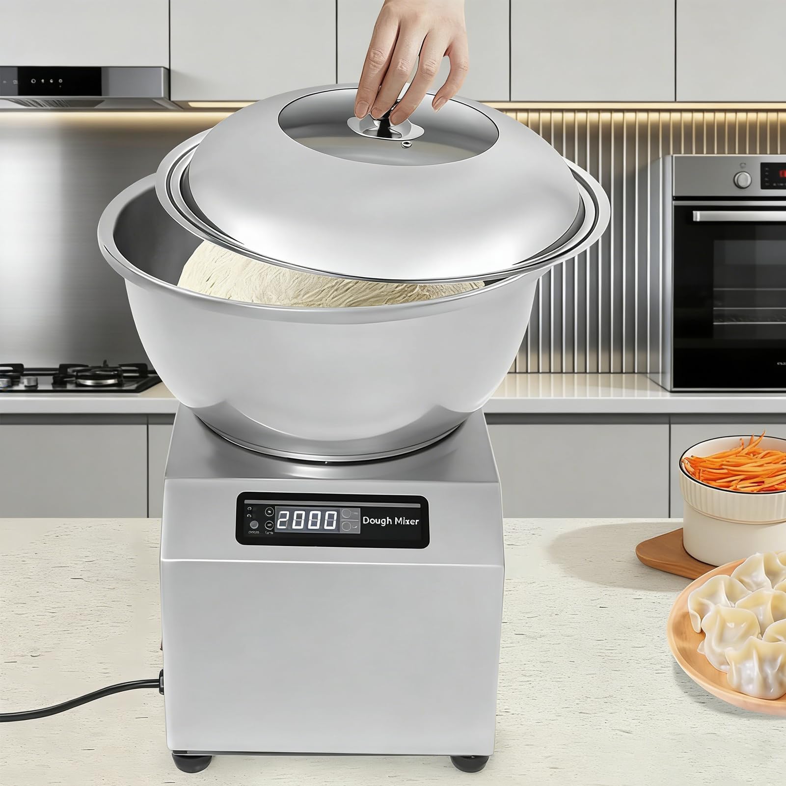 Amasadora Comercial Profesional 5kg/8kg, 1800w/2200w, Máquina Amasadora Espiral Eléctrica con Cuenco, Tapa y Temporizador, en Acero Inoxidable, para Panadería, Pizzería y Restaurante