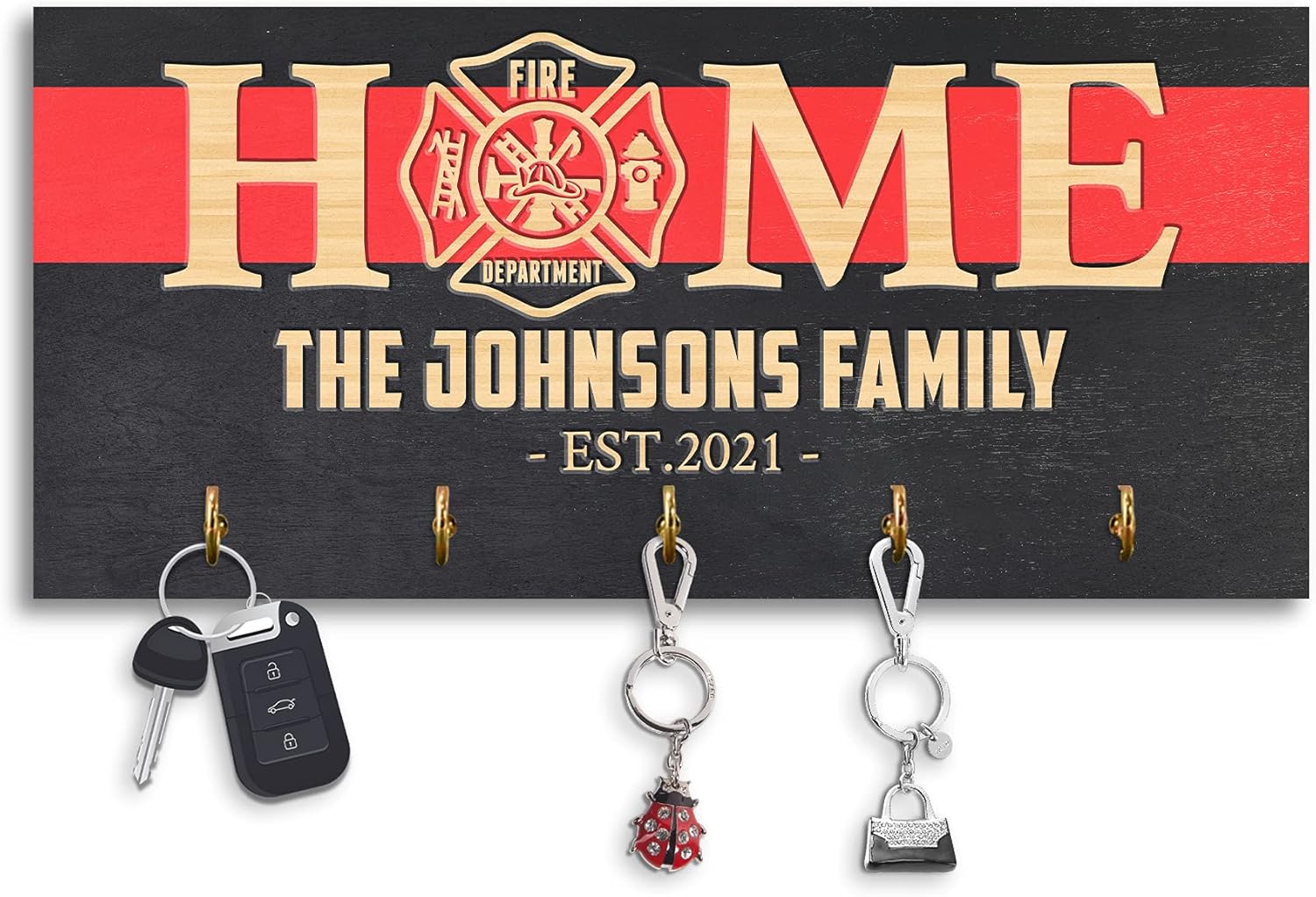 MeMate Personalized Printed Firefighter Wooden Key Hook for Home Wall Decor - Customized Family Name, Est Year Wood Keys Holder Decorative for Kitchen Housewarming and Entryway Hallway Decors