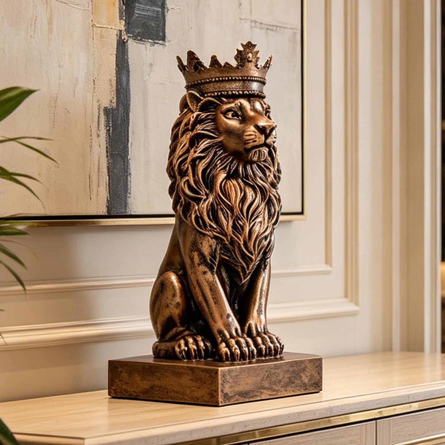 Photo 1 of Juliahestia Crown Lion Figurine, Resin, Copper Finish