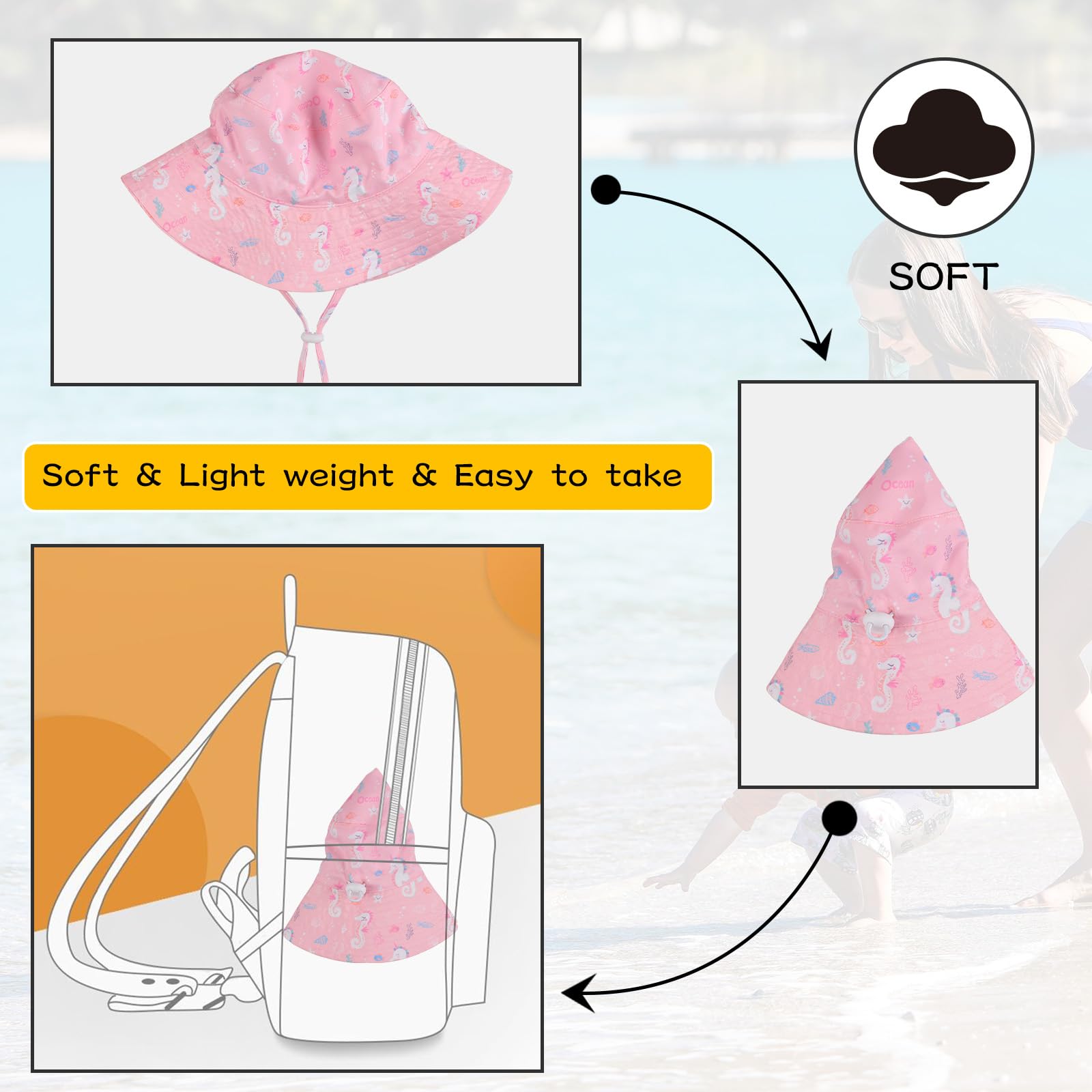 Peecabe Sombrero de verano para bebé para niños y niñas, UPF 50+ de ala ancha, ajustable, gorra de playa para bebés de 0 a 8 años