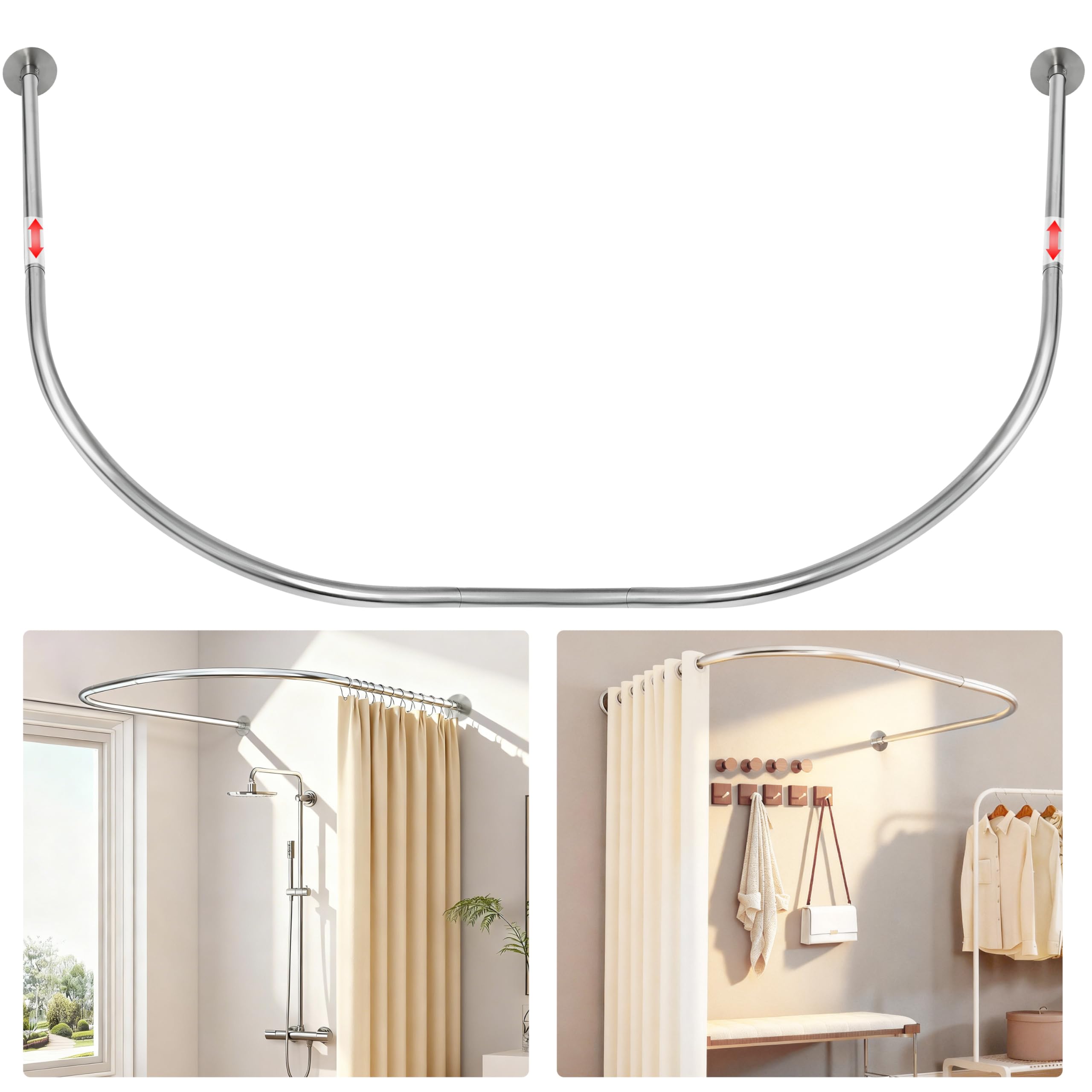 ZAIONE Binario per tenda da doccia a forma di U: regolabile 90-130 x 100 x 90-130 cm a forma di U / L curvo argento asta per tenda senza trapano