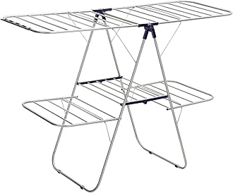 SONGMICS 2-Level Clothes Airer, Stainless Steel Drying Rack, Laundry Rack with Height-Adjustable Wings, Free-Standing Laundry Stand, for Socks, Bed Linen, Clothing, Foldable, Stable, Blue LLR53BU