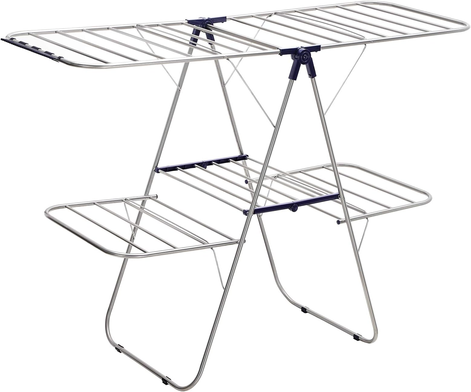 SONGMICS 2-Level Clothes Airer, Stainless Steel Drying Rack, Laundry Rack with Height-Adjustable Wings, Free-Standing Laundry Stand, for Socks, Bed Linen, Clothing, Foldable, Stable, Blue LLR53BU