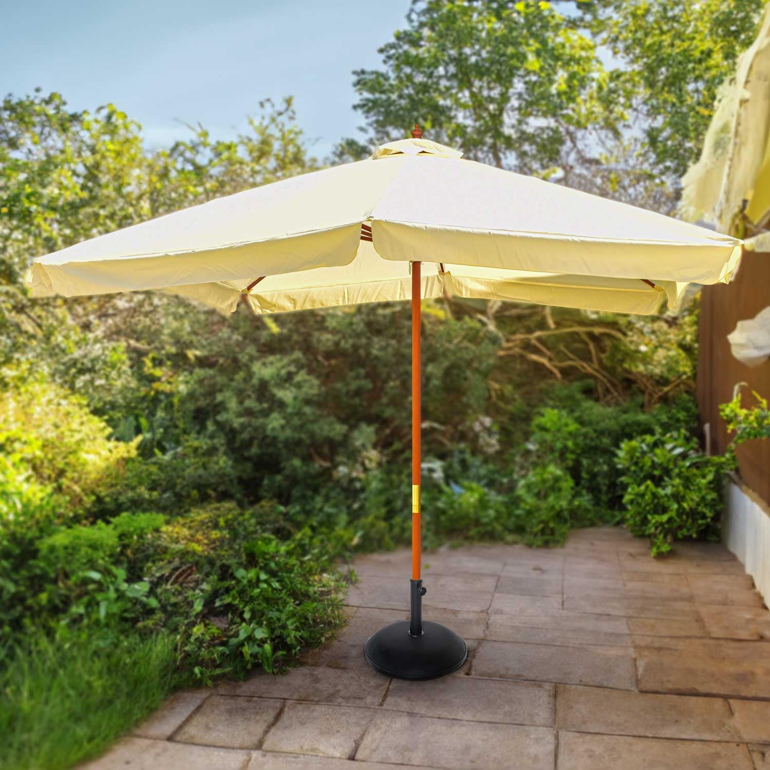 FRANKYSTAR IRUY - Ombrellone da giardino 3x3 metri quadrato con palo centrale da Ø 48mm in legno naturale e telo in poliestere con bordura da 50mm. 300x300x260H cm