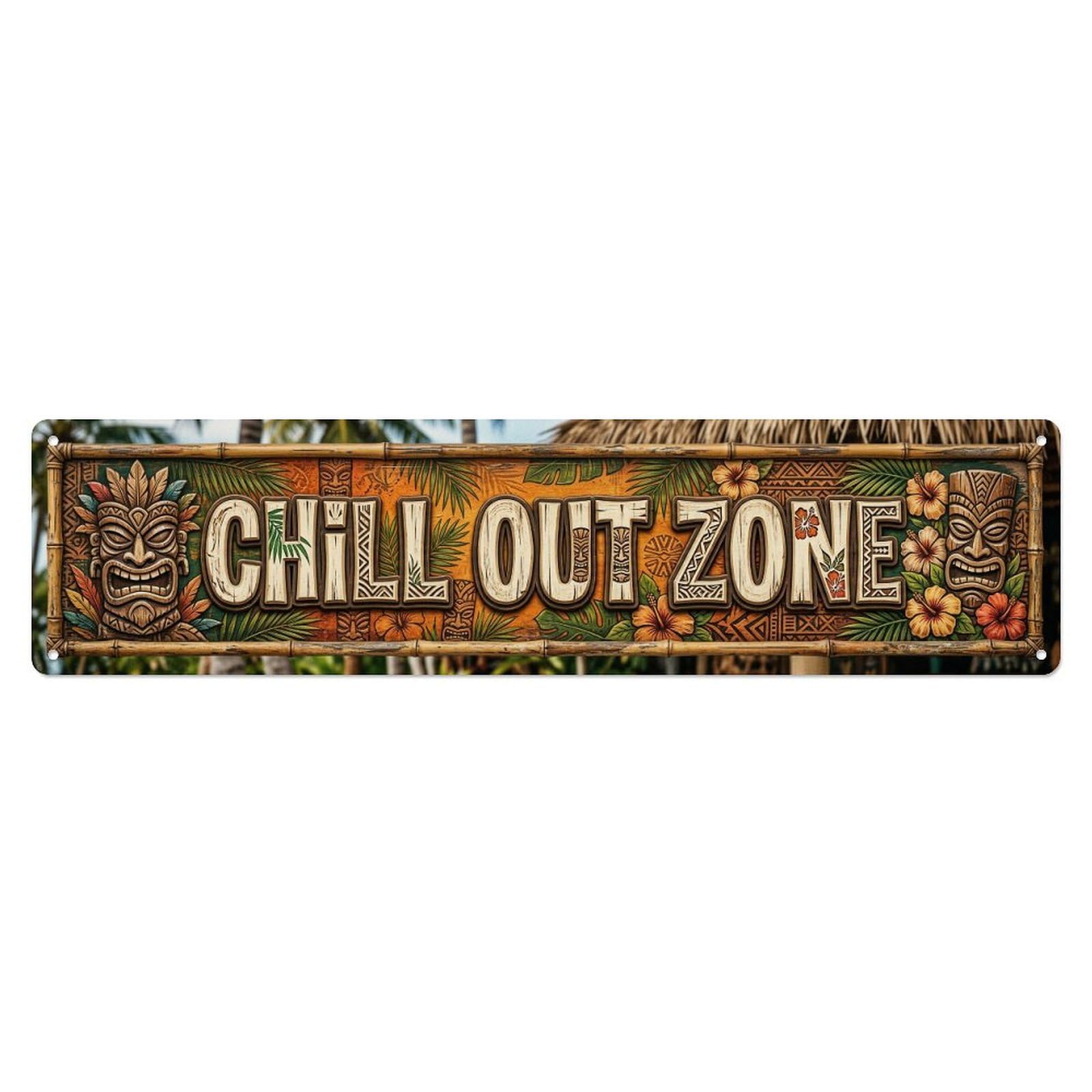 Chill Out Zone Worn Tiki Bar Metal Tin Skinny Sign Plaque Wall Decor for Cafe, Club Bar, Office, Home Garden Metal Poster 4x16Inch