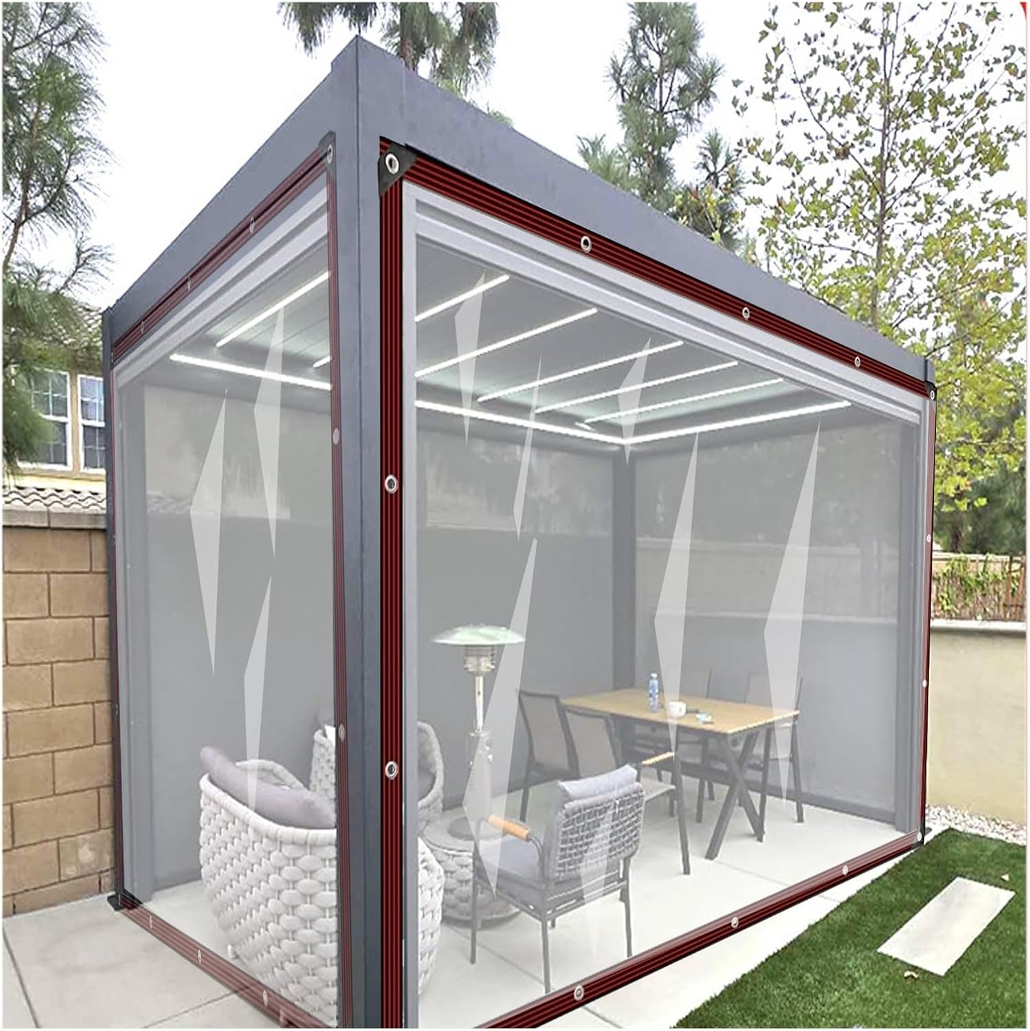 アイレット付き透明防水シート - 2x6m (6.56x19.68フィート) 頑丈なサイドカーテン ガゼボ パーゴラ ポーチ カバナ