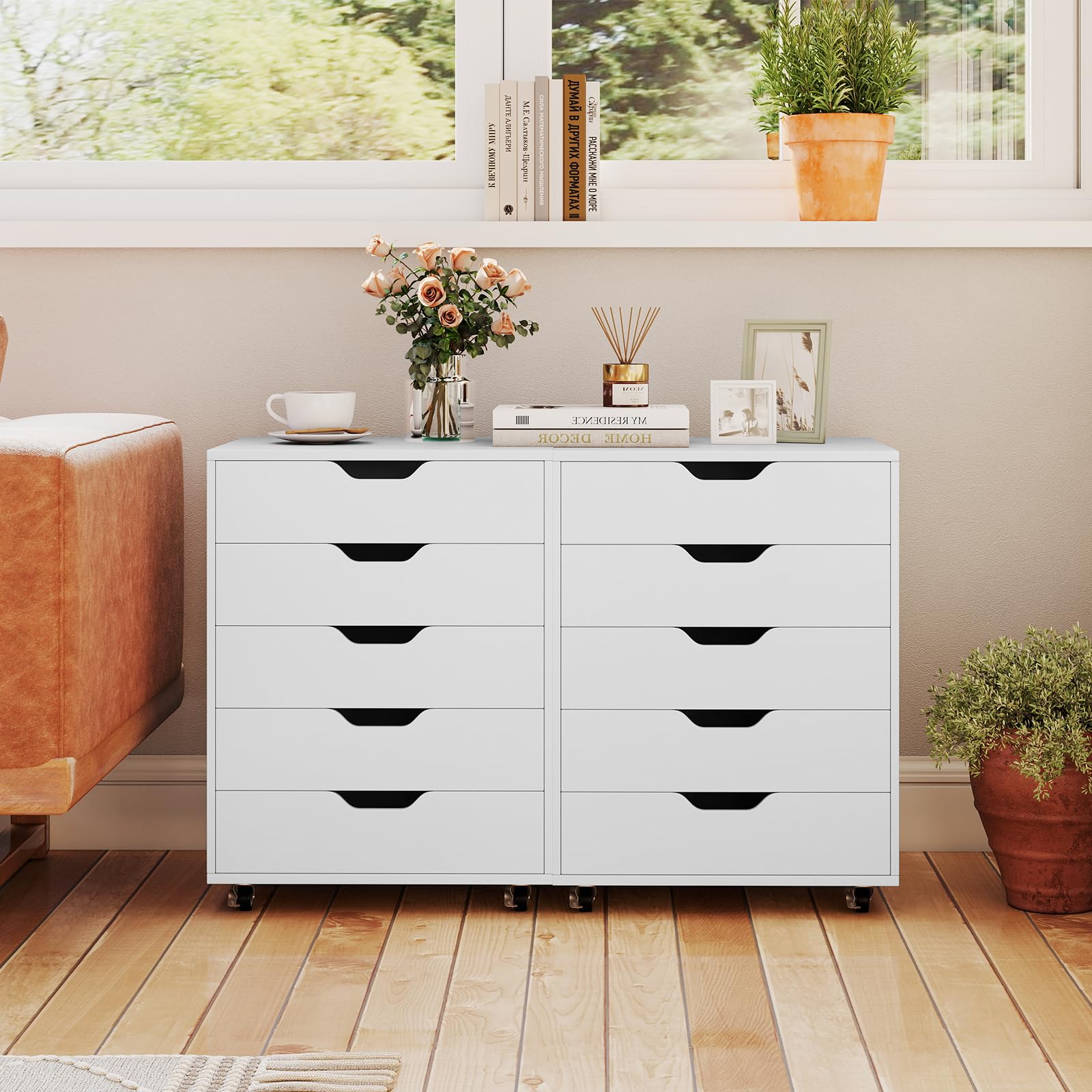 GIANTEX Rollcontainer mit 5 Schubladen, Aktenschrank mit Rollen, Schubladenschrank Holz unter Schreibtisch, Druckertisch für Zuhause & Büro (Weiß, 49 x 40 x 65 cm)