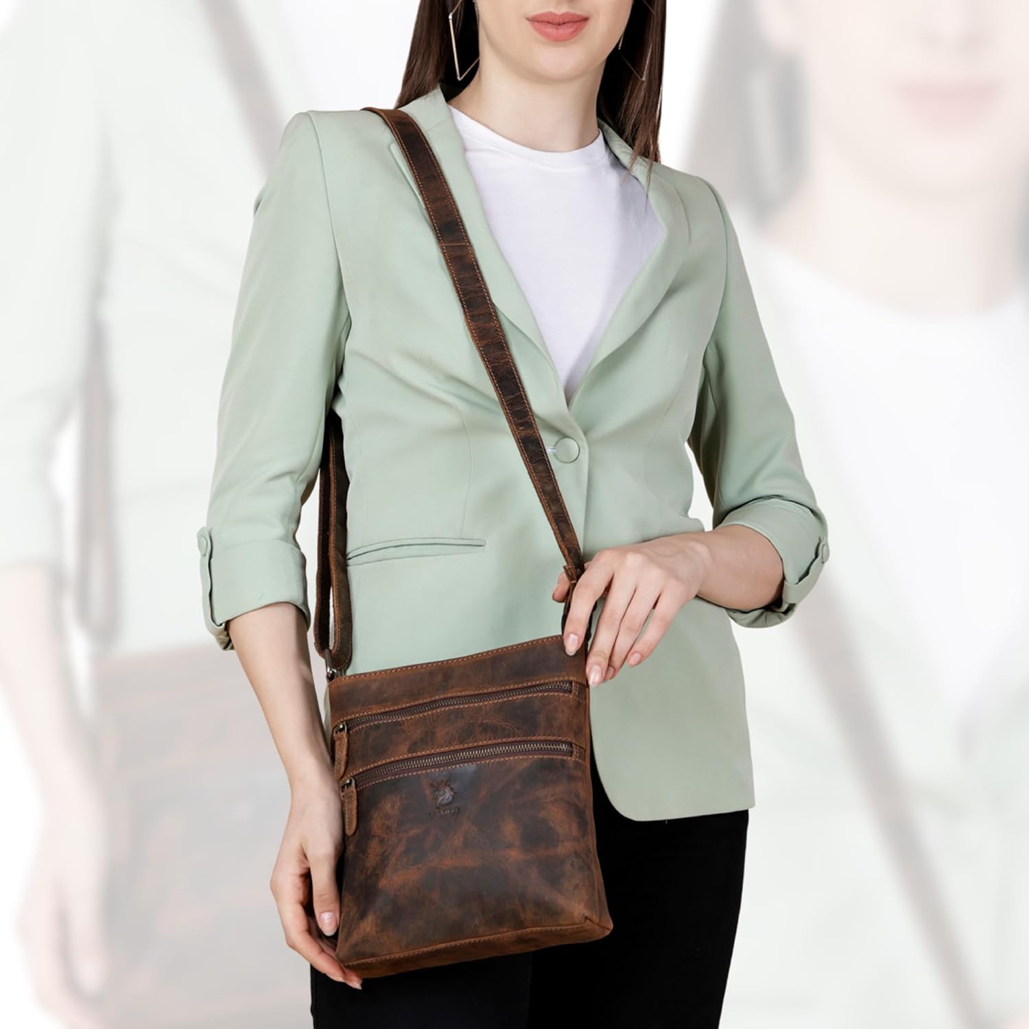 Genuine Leather Crossbody Shoulder Sling Bags for Women, Premium Hunter Leather Cross Body Bag Vintage Style Distressed Cross Over Travel Purse Handbag