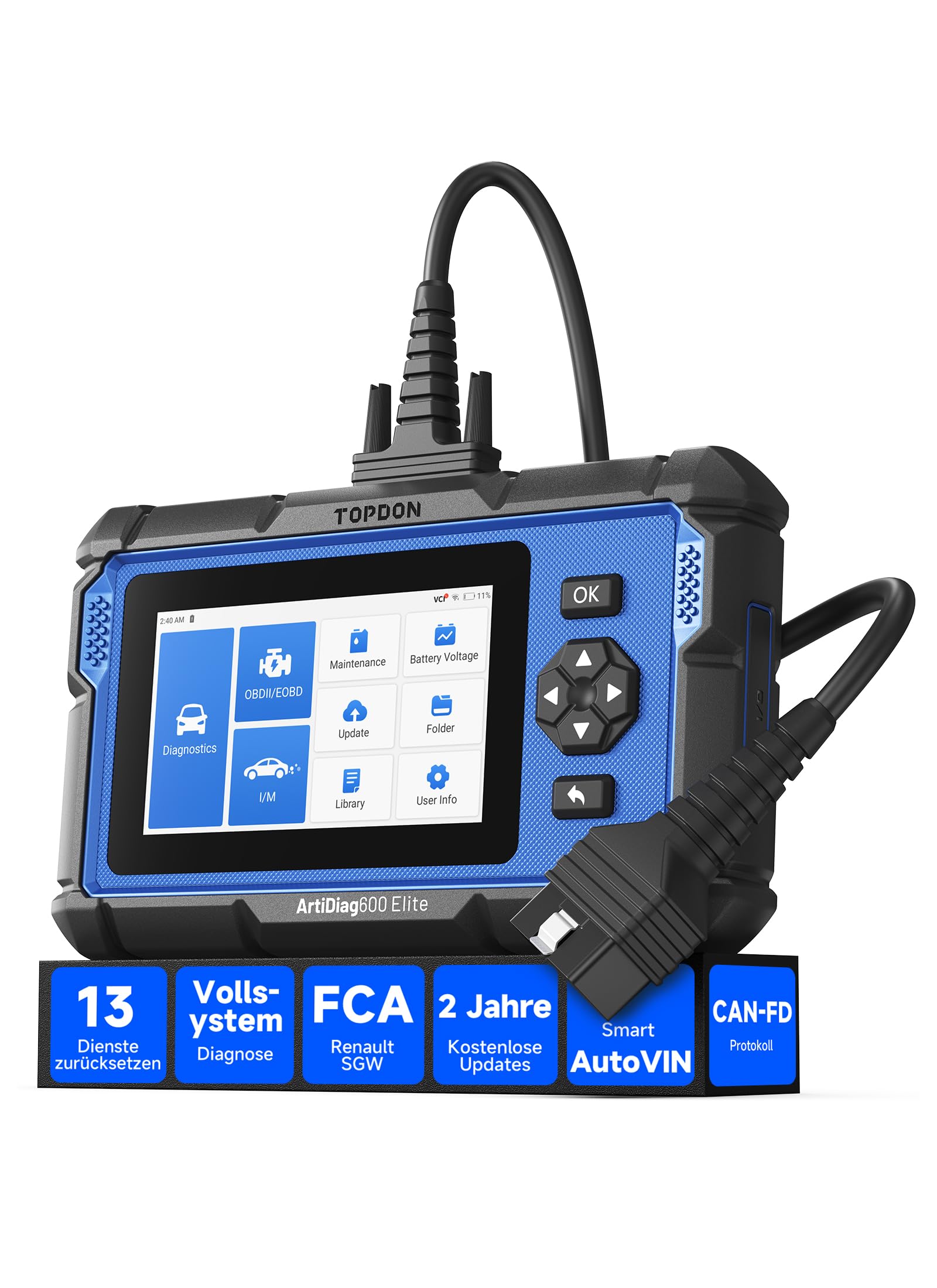 TOPDON ArtiDiag600 Elite OBD2 Diagnosegerät Auto, Diagnosescanner mit Allen System, 13 Resets, FCA/SGW, Auto diagnose Scanner mit CAN-FD, 2 Jahre kostenlose Updates