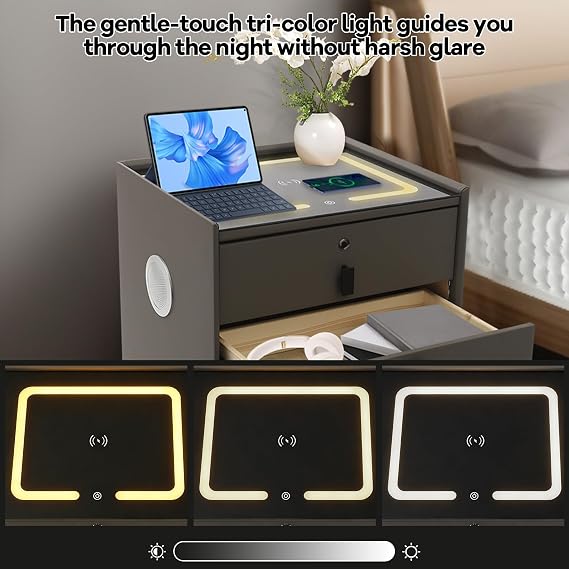 Smart Bedside Table 3 Drawers, Sofa Side Table with Wireless Charging, Fingerprint Lock & USB Ports, Storage Cabinet with Three-Colour LED Light Bluetooth Speaker, for Living Room, Office