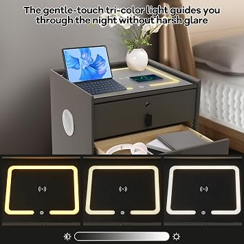 Smart Bedside Table 3 Drawers, Sofa Side Table with Wireless Charging, Fingerprint Lock & USB Ports, Storage Cabinet with Three-Colour LED Light Bluetooth Speaker, for Living Room, Office