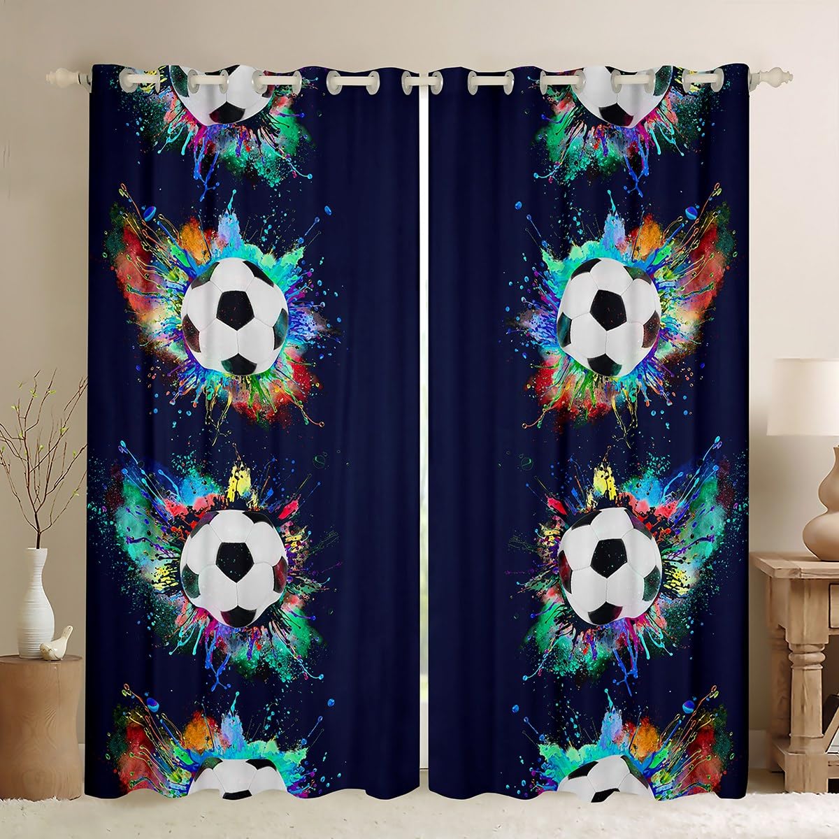 Football Curtains for Bedroom Living Room Kids Soccer Ball Pattern 30%-50% Blackout Curtains Boys Girls Hip Hop Darkening Drapes Sports Theme Dark Blue Window Treatments W46*L72 โ image 1