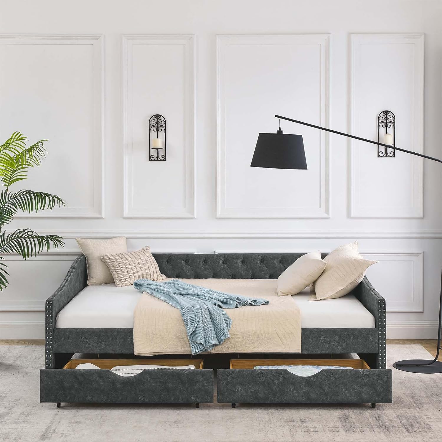 Daybed with Drawers, Modern Upholstered Queen Size Day Bed Button-Tufted Sofa Daybed Frame with Double Drawers, No Box Spring Needed, Furniture for Bedroom Living Room Guest Room (Dark Grey, Queen)