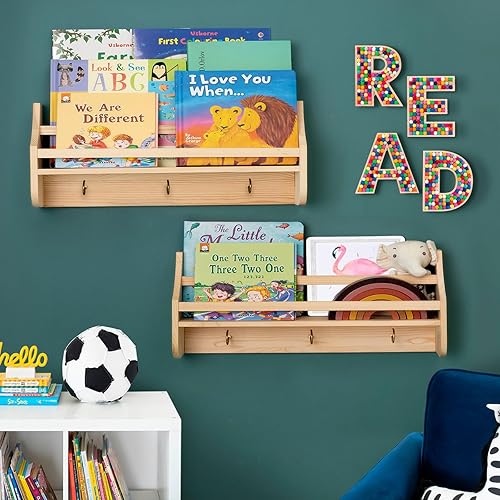 Miniatura 2 de MOFASVIGI Nursery Book Shelves, Set of 2 Floating Bookshelves for Kids Room, 16in Natural Wood Book Shelf Wall Mounted for Baby Teen Boys Girls