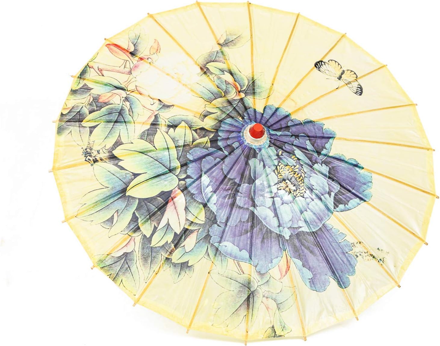 Rainproof Handmade Chinese Oiled Paper Umbrella Parasol 33" Peony and Butterfly, Yellow