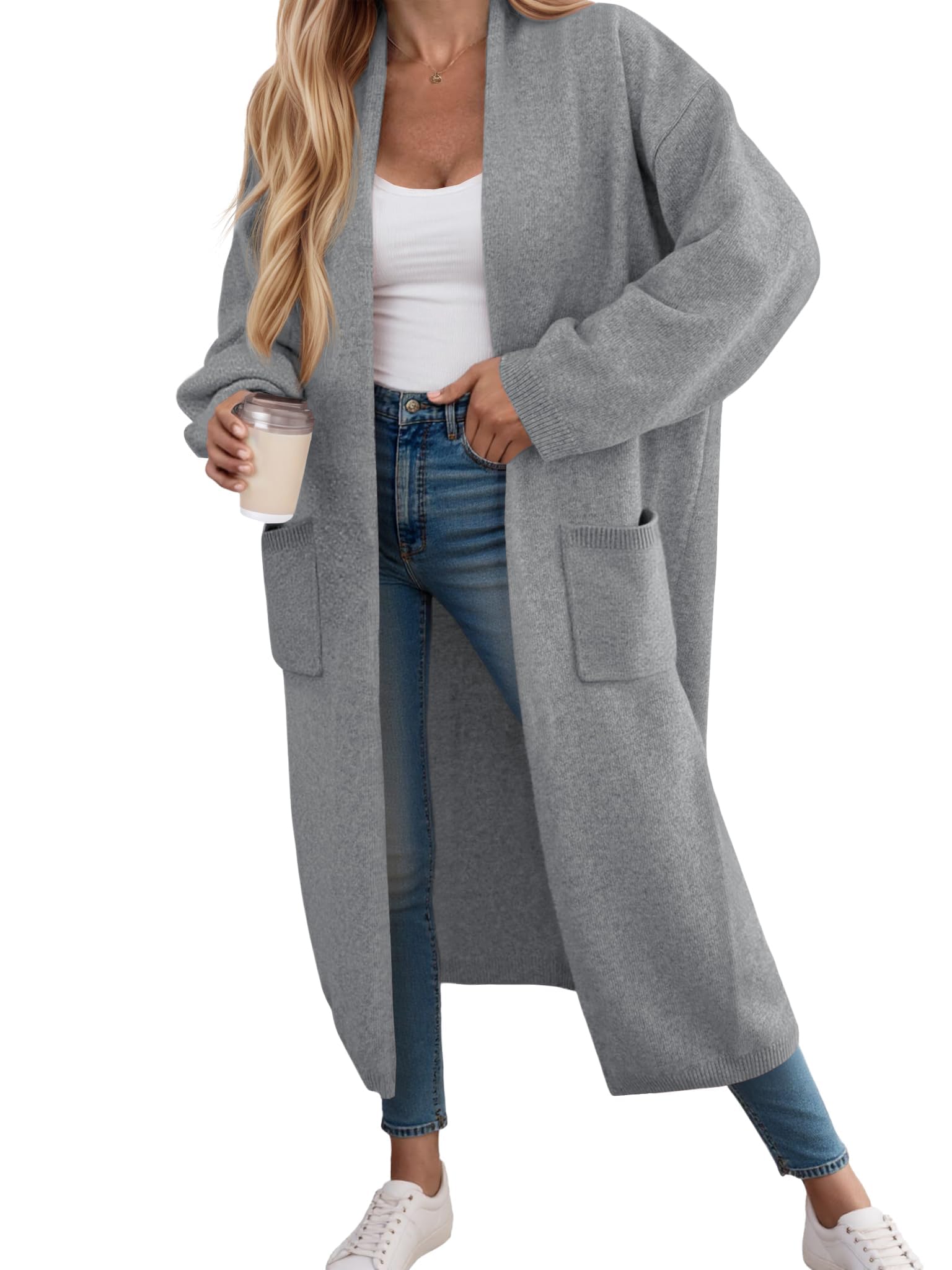 Fisoew Strickjacke Damen Lang Cardigan Langarm Oversized Strickmantel Open Front Sweater Jacke mit Taschen.