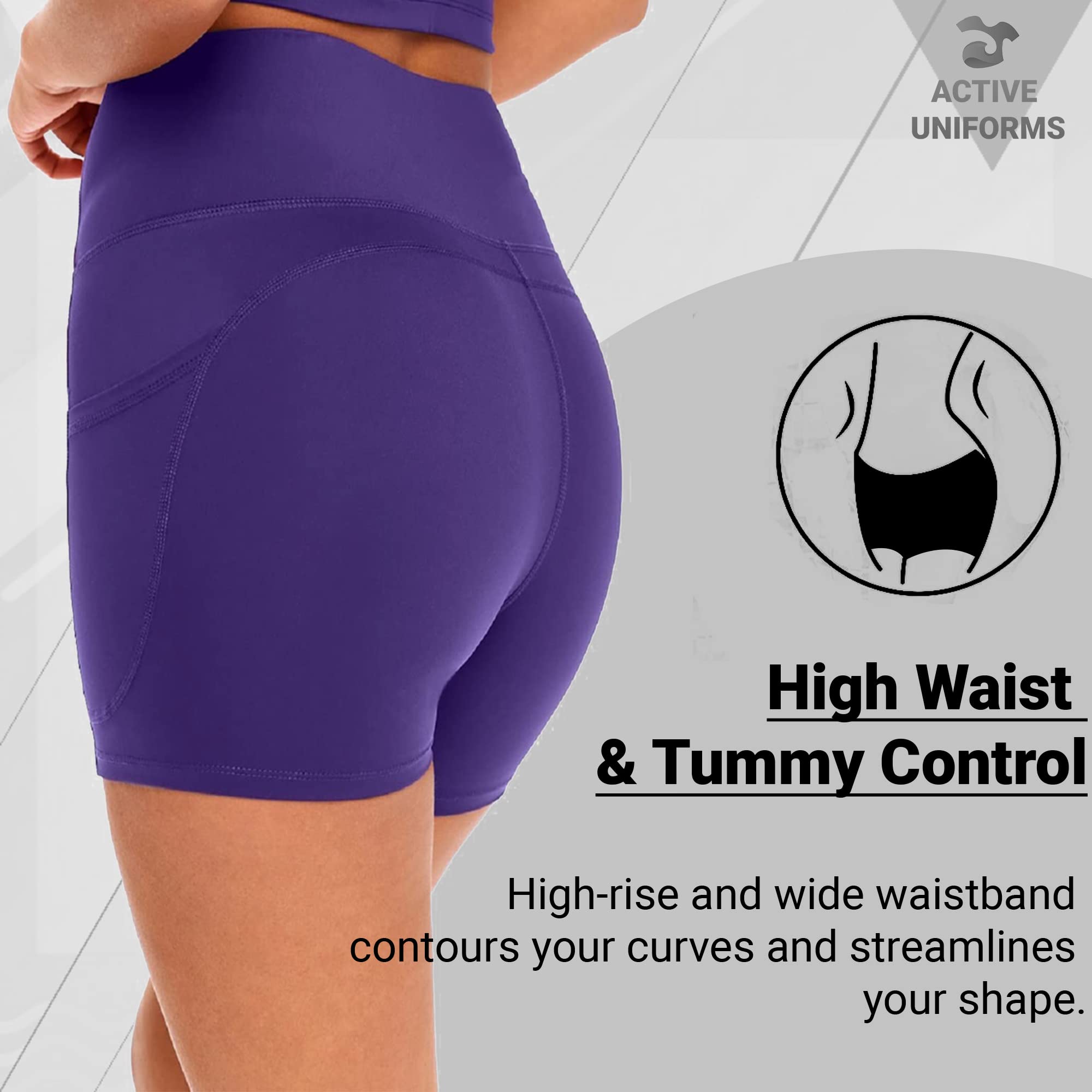 ACTIVE UNIFORMS Women's Yoga Shorts High Waist Sports Pant Tummy Control with Deep Pockets (Large, Purple)