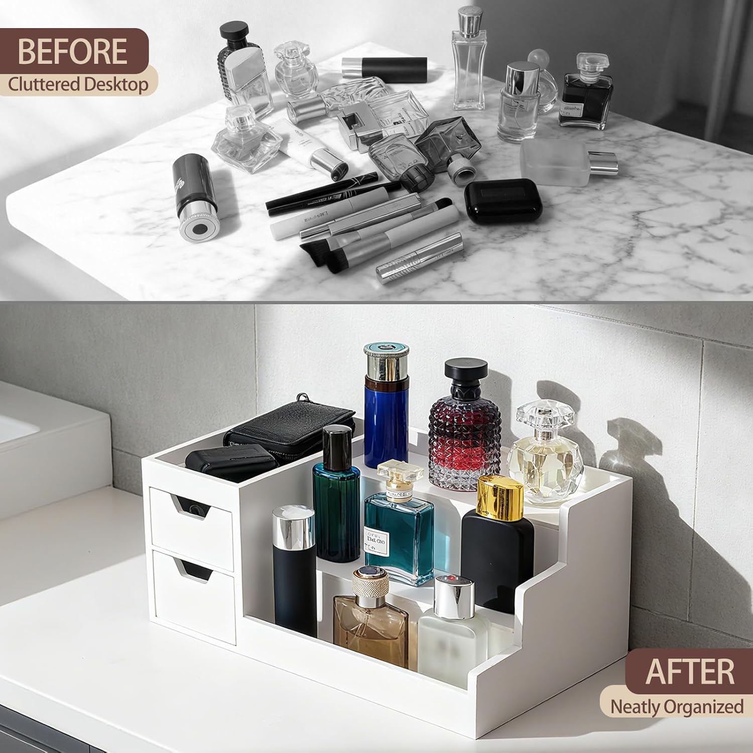 Countertop Perfume & Makeup Organizer - Wooden Rack, Cologne Stand Shelves & Skincare Organizer for Bedroom Dresser, Organizador de Perfumes Estante para Perfumes (White, 01)