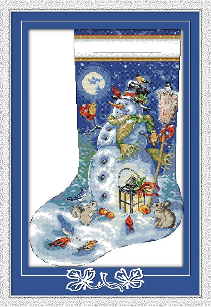 CaptainCrafts Cross Stitch Kits, Snowman Christmas Stockings Stamped Preprinted Fabric 11ct Cross Stitch DIY Art Needlecrafts Embroidery Kits for Adults (Snowman, Stamped 11CT)