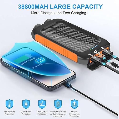 Miniatura 2 de Solar Charger Power Bank, 38800mAh Portable Phone Charger with 1 Type-C & 2 USB-A Ports Built-in Dual LED Flashlight, 15W Fast Charging Waterproof