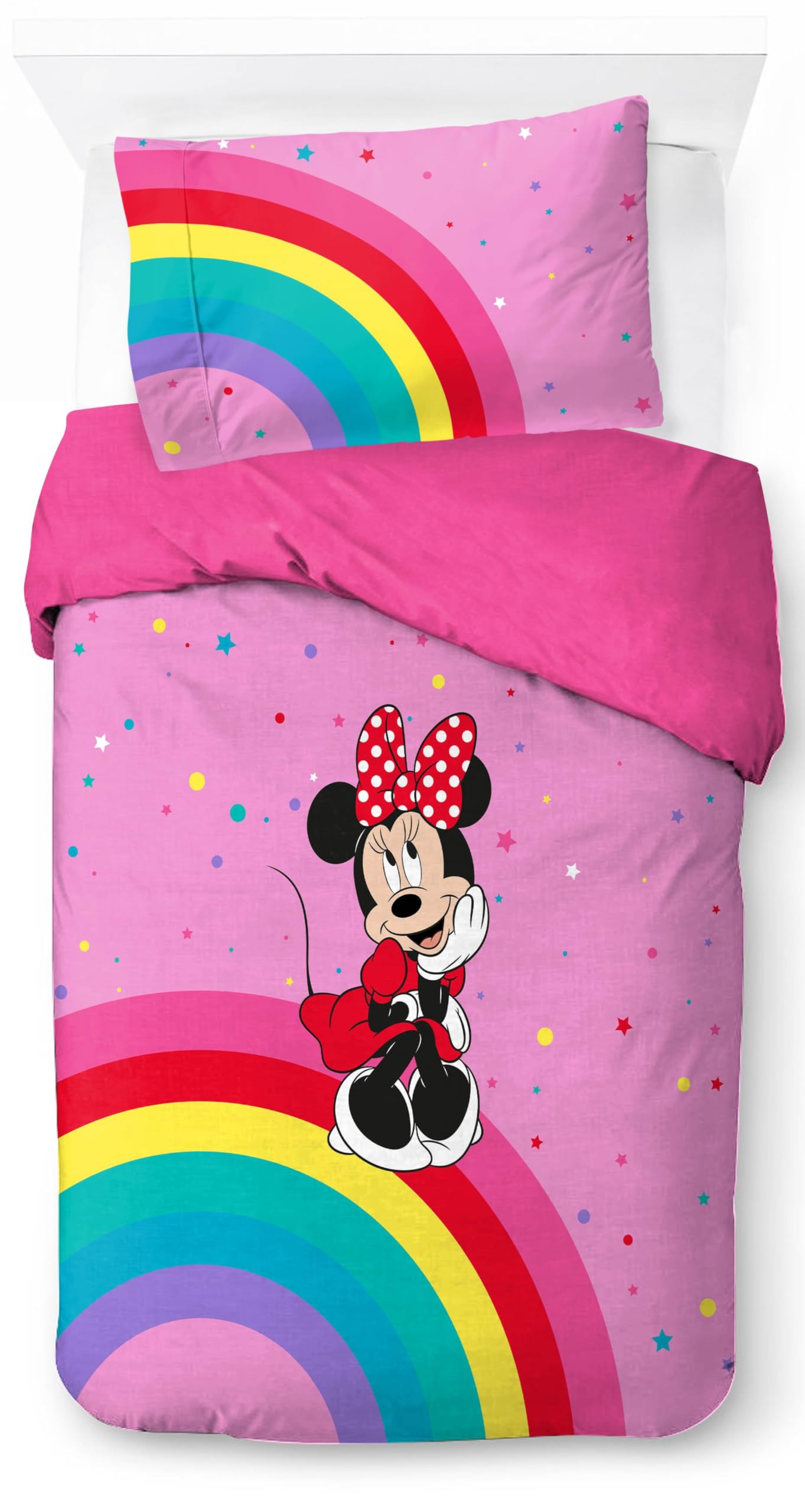 Jay Franco Boys Pink - Minnie Mouse 01 Children's Disney Minnie Mouse Single Duvet Cover Set – 100% Cotton Super Soft Bedding With Pillowcase, Official Licensed Product, Rainbow, 2 Piece Set