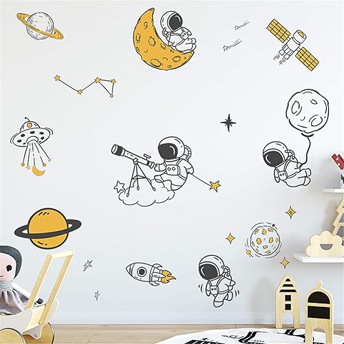 ROFARSO Calcomanías de pared de planeta astronauta estrellas del espacio exterior vinilo extraíble de gran tamaño decoración artística para niños