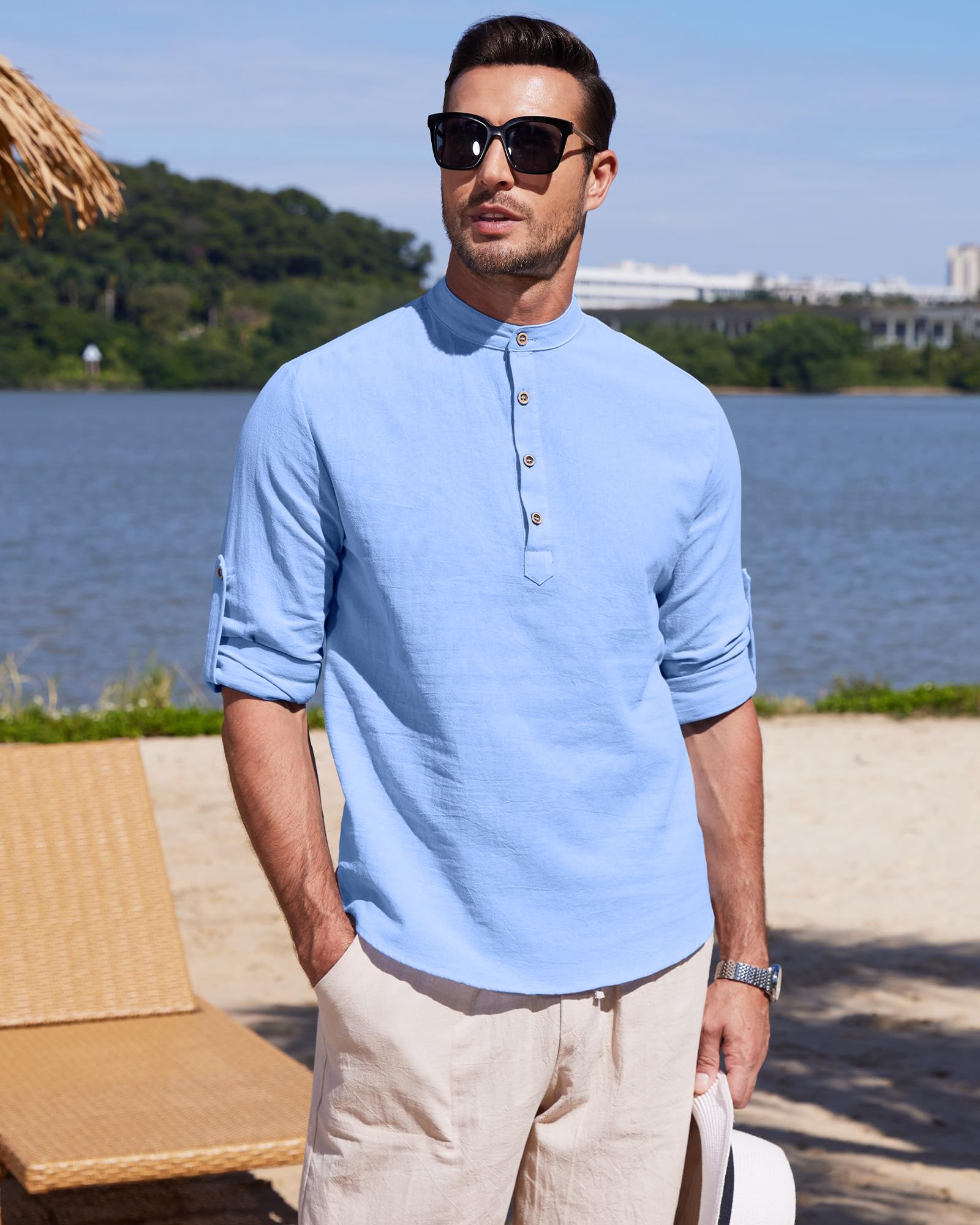 YAOHUOLE Chemise Lin Homme Manches Longues Été Mao Décontractée Henley Shirts Chemise Homme Decontracte