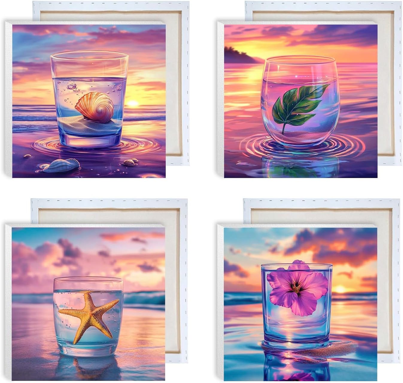 Kaliosy 4 Pack Framed Paint by Numbers Kits for Adults Cups, Oil Painting Scenery Pre Drawn Canvas Drawing Paintwork with Paintbrushes Acrylic Beginner Wall Home Decoration 8x8 inch