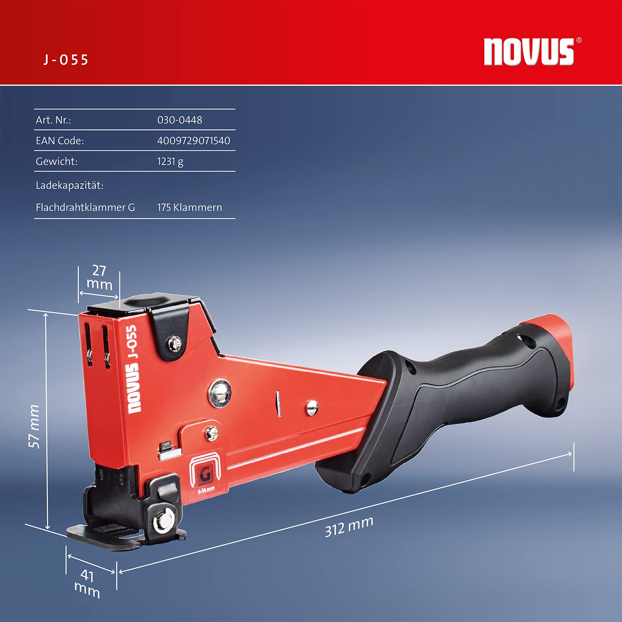 Novus J-055 - Graffettatrice professionale per martello, ricarica rapida, protezione superficiale, max 175 graffette, 6-14 mm, colore: Rosso