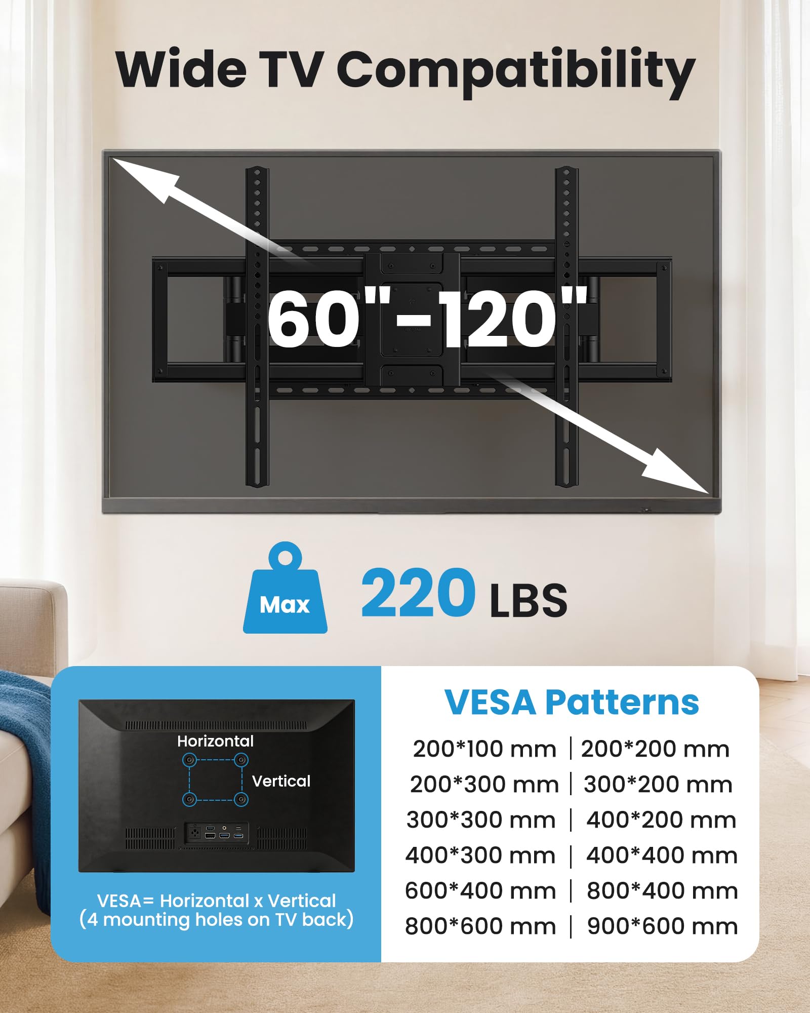 Soporte de pared resistente de movimiento completo para TV, máximo vesa 900 x 600, hasta 220 libras, pernos de 16/18/24/32 pulgadas, se adapta a la mayoría de televisores de 65+ 75+ 85 98 100 120 +