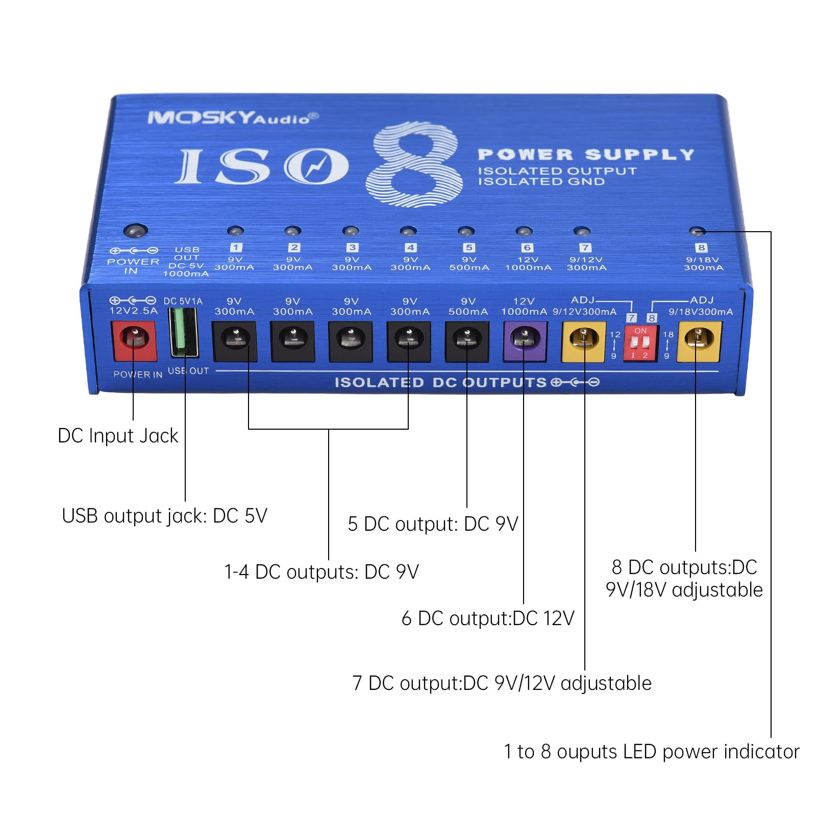 Btuty Alimentatore Per Strumenti Musicali A 9 Canali Con Protezione Indipendente Da Cortocircuito Indicatore Di Alimentazione A Led 8 Uscite CC E 1 Uscita Usb Per Pedale Effetto Chitarra