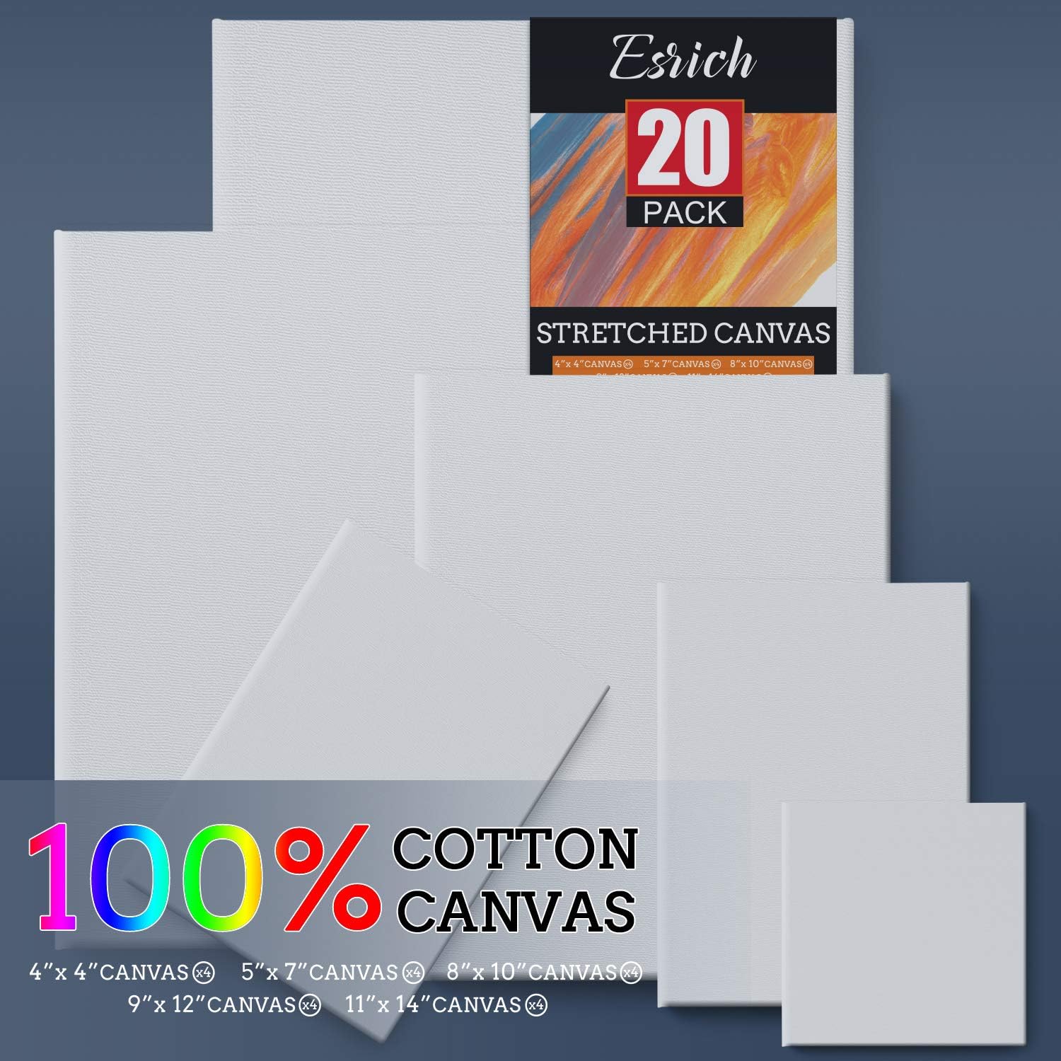 20 Packs Stretched Canvases with Multi Pack 4x4", 5x7", 8x10",9x12", 11x14" (4 of Each) Primed White Blank- Good for Acrylic Oil Painting Wet or Dry Art Media