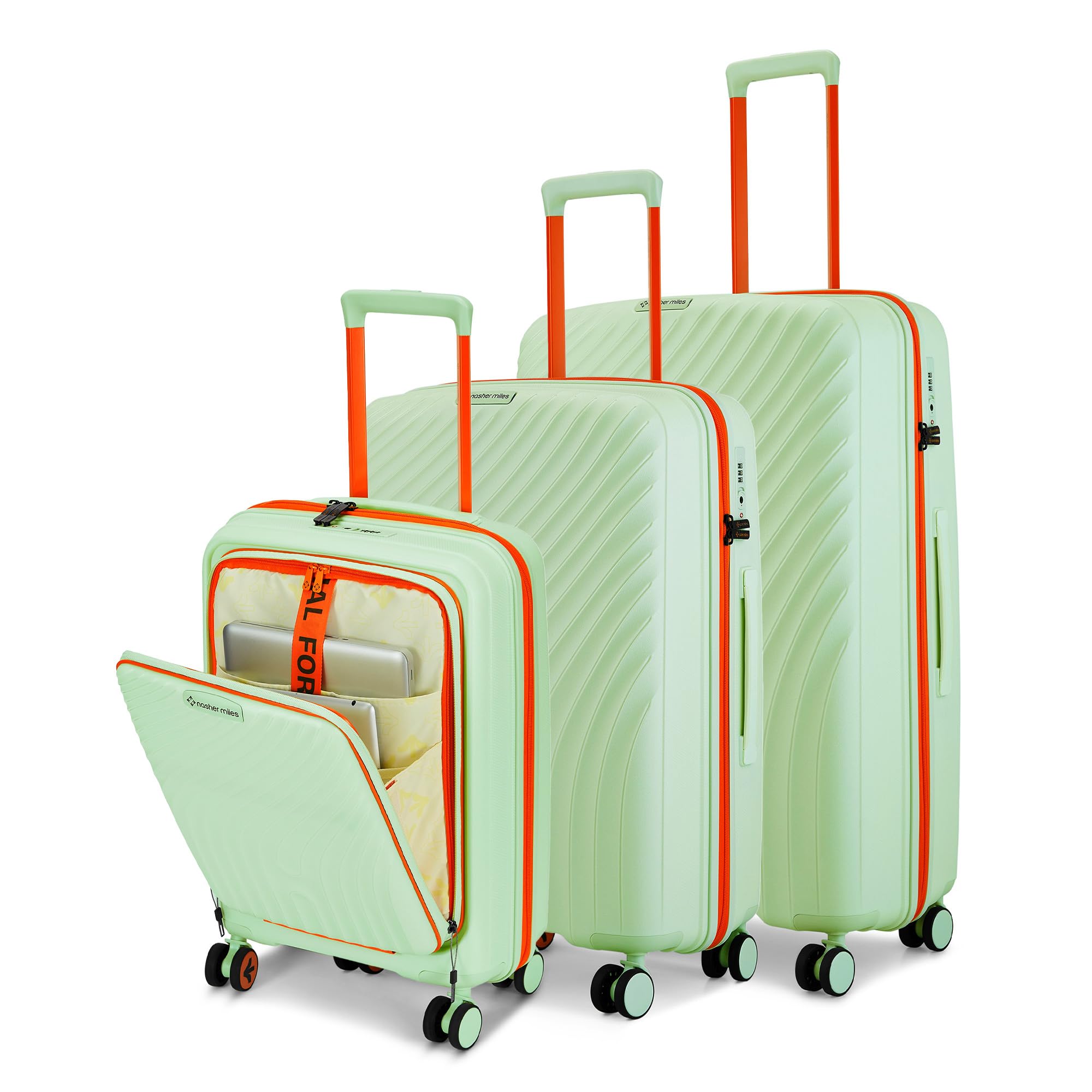 nasher miles Capri Hard-Sided Polypropylene Luggage Set of 3 | 55cm, 65cm & 75cm | 8 Wheels Small, Medium & Large Trolley Bag for Travel | Suitcase (Mint Green & Orange)-picture-7