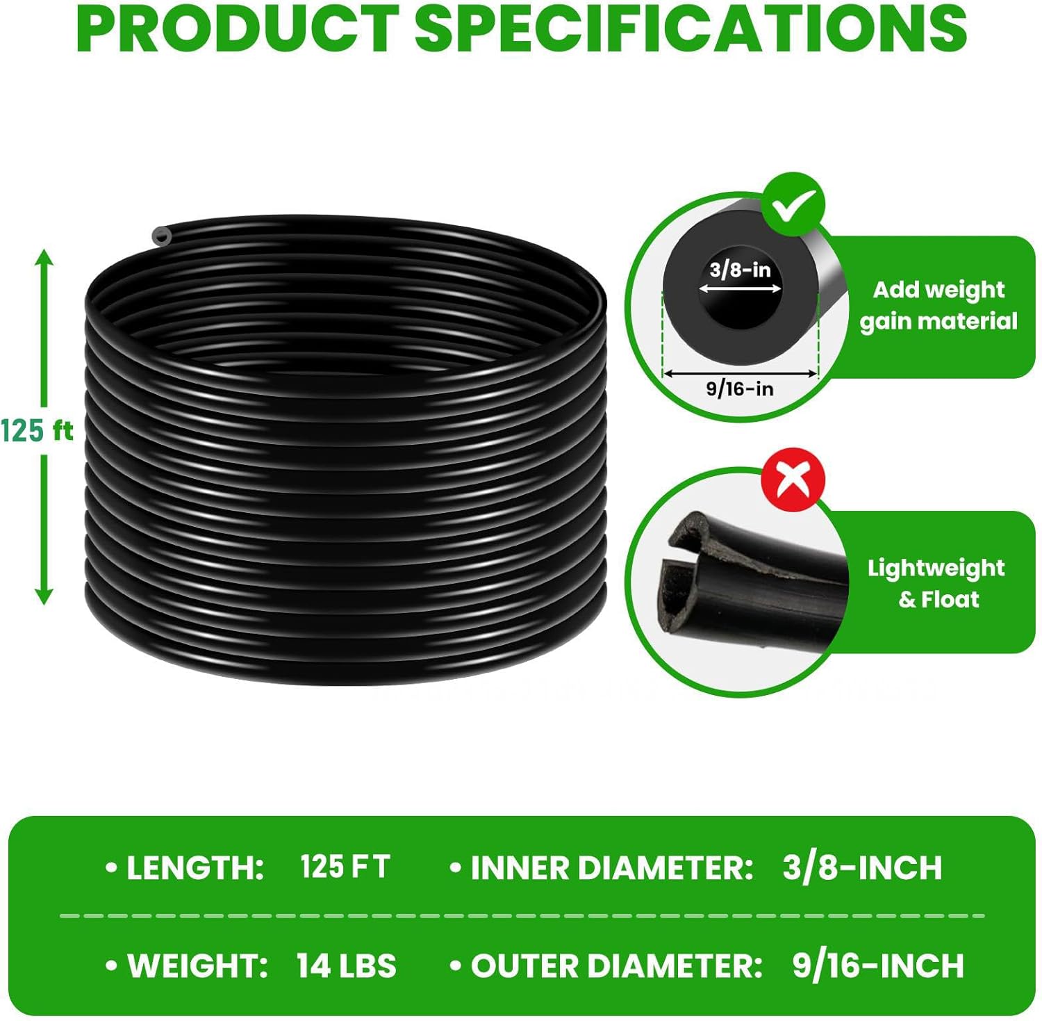 125Ft Self Sinking Aeration Hose, 4 Stainless Steel Clamps & 4 Menders, Heavy Duty No Kink, Weighted Air Hose for Garden Pond Swimming Pool Aquaculture Non-Toxic