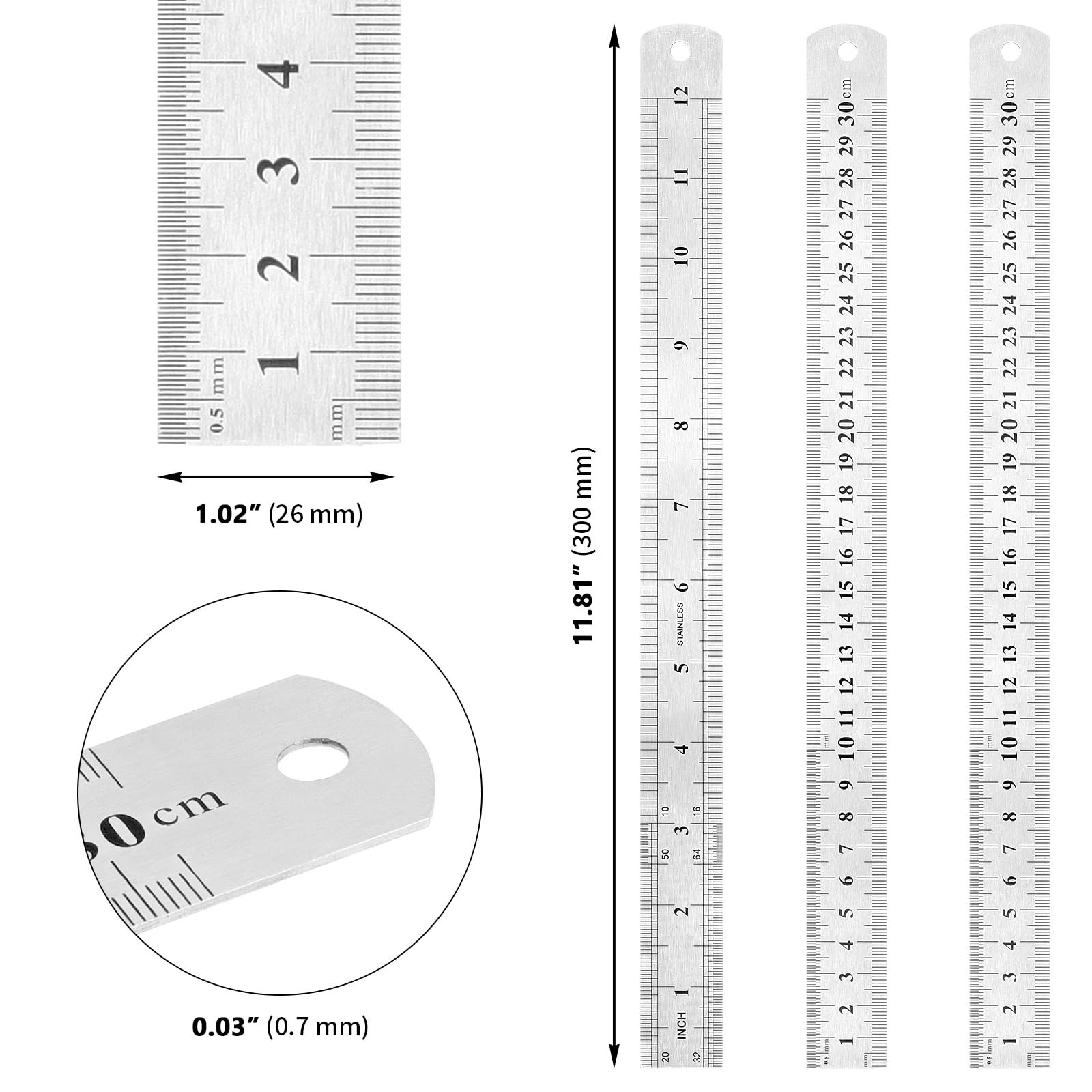 MAKTSAM 20PCS 12 Inch/30 cm Stainless Steel Rulers Bulk, Straight Edge Metric Metal Rulers with Hanging Hole for Drawing Measuring - Image 2