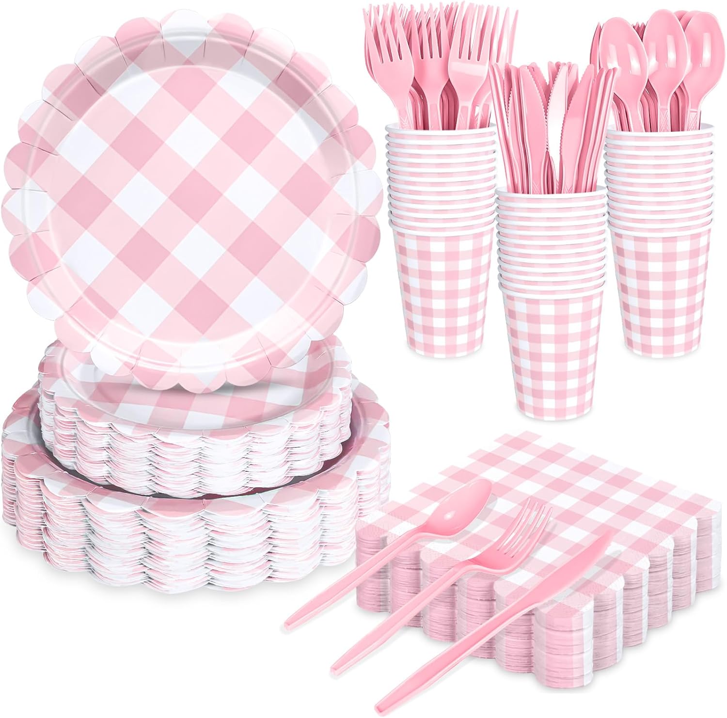 QISOLIY 350Pcs Pink Gingham Party Supplies Gingham Plates and Napkins, Pink Checkered Disposable Plates Set for Dinner Birthday Baby Shower Wedding Picnic Supplies Serve 50 Guest