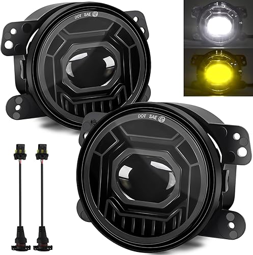 KARSAM 4 Inch Round LED Fog Lights for 2007-2018 Jeep Wrangler JK JKU 2018-2024 Jeep Wrangler JLU Accessories, 60W White Amber Off-Road Lamps Black Front Bumper LED Fog Lights Assembly, DOT Approved
