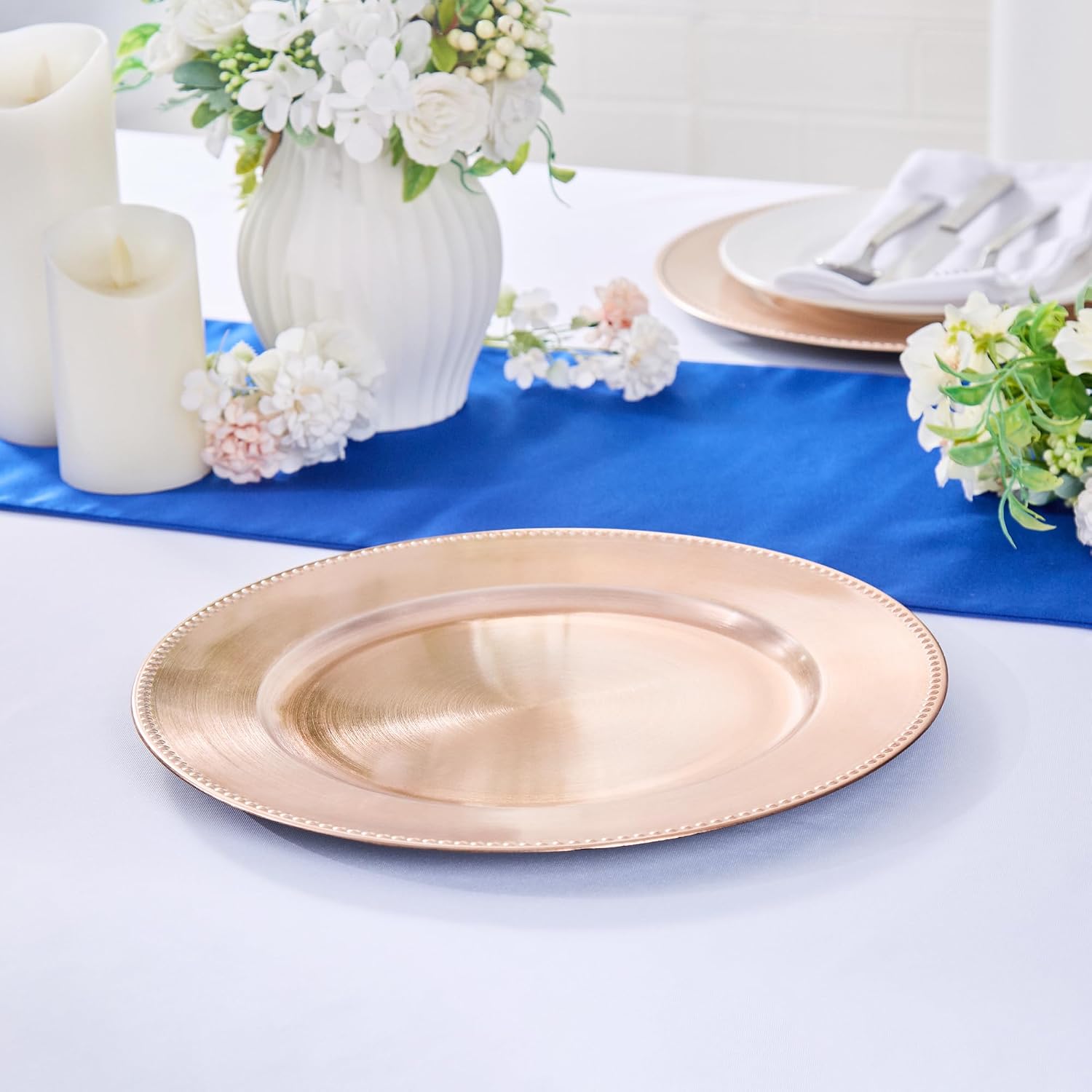 Restaurantware Round Rose Gold Plastic Beaded Rim Charger Plate, 6 Pack