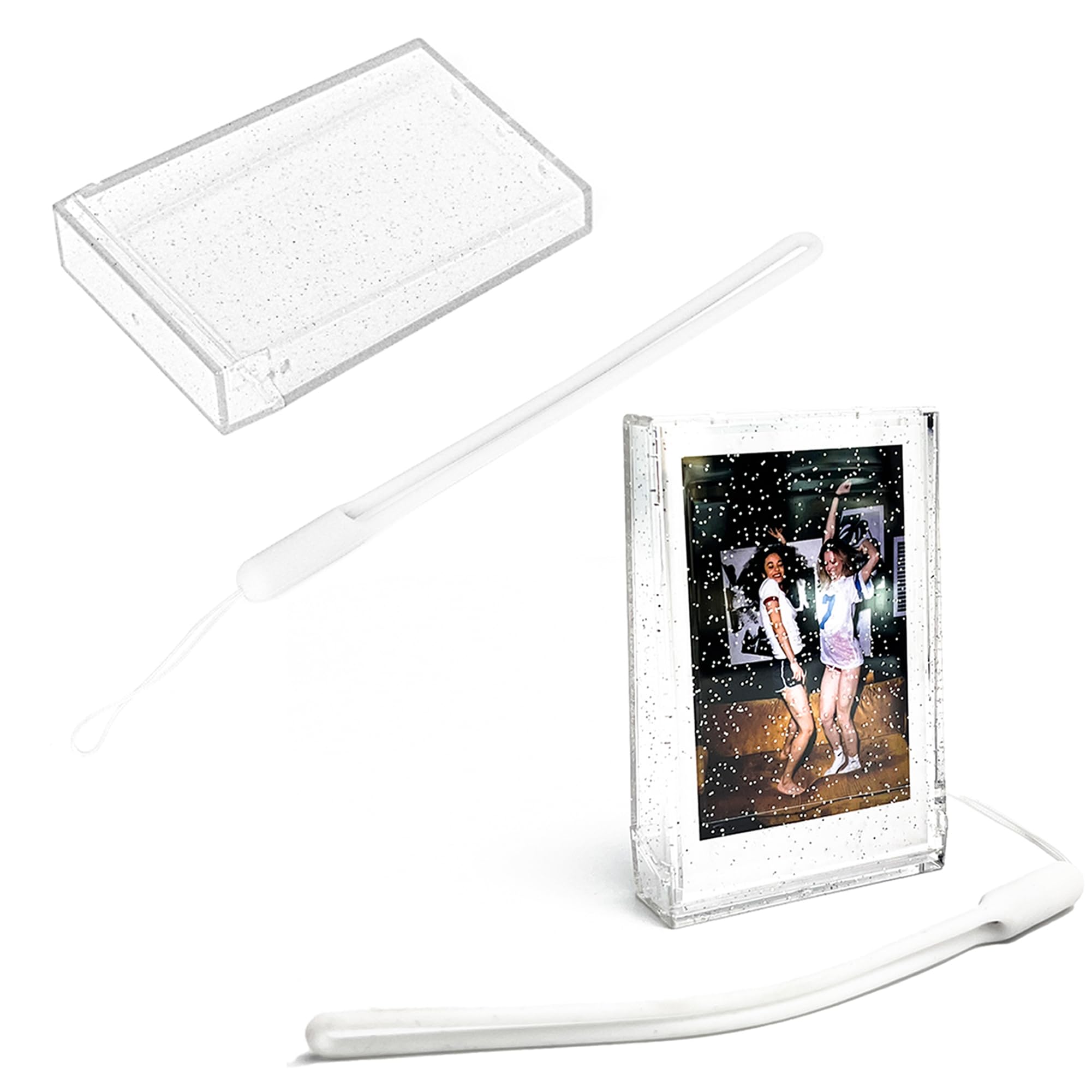 2 Pack Travel Photo Holder for Fujifilm Instax Mini 7+/8/9/11/12/40/90/EVO, 3 inch Photo Storage Case, Camera Clear Photo Protective Box with Wrist Lanyard (Clear glitter)