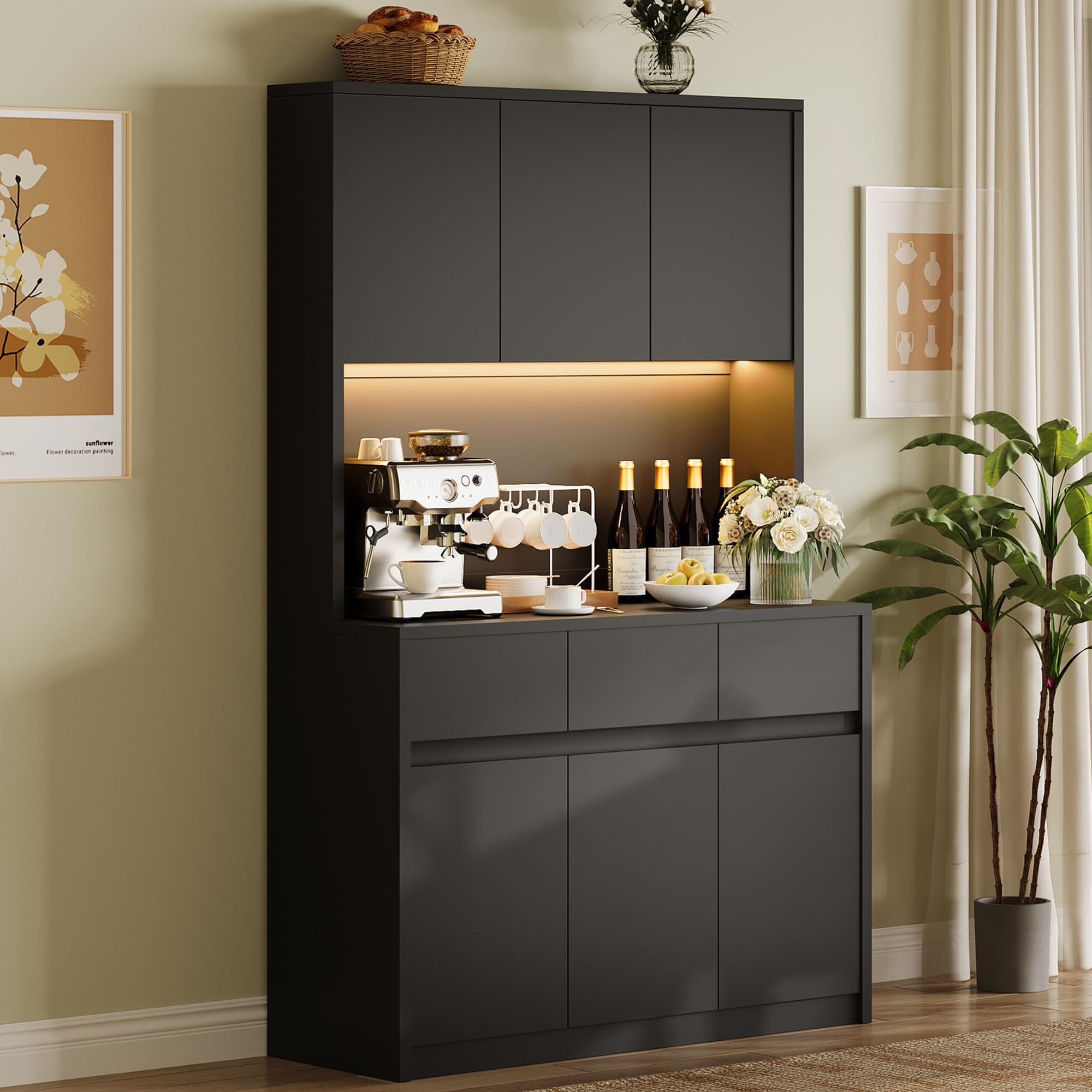 Photo 1 of GarveeHome 71 in Kitchen Pantry Cabinet, Kitchen Hutch Storage with Led Lights and Power Outlets, Buffet Cabinet with Microwave Stand, Adjustable Shelves, Handless Design, Black