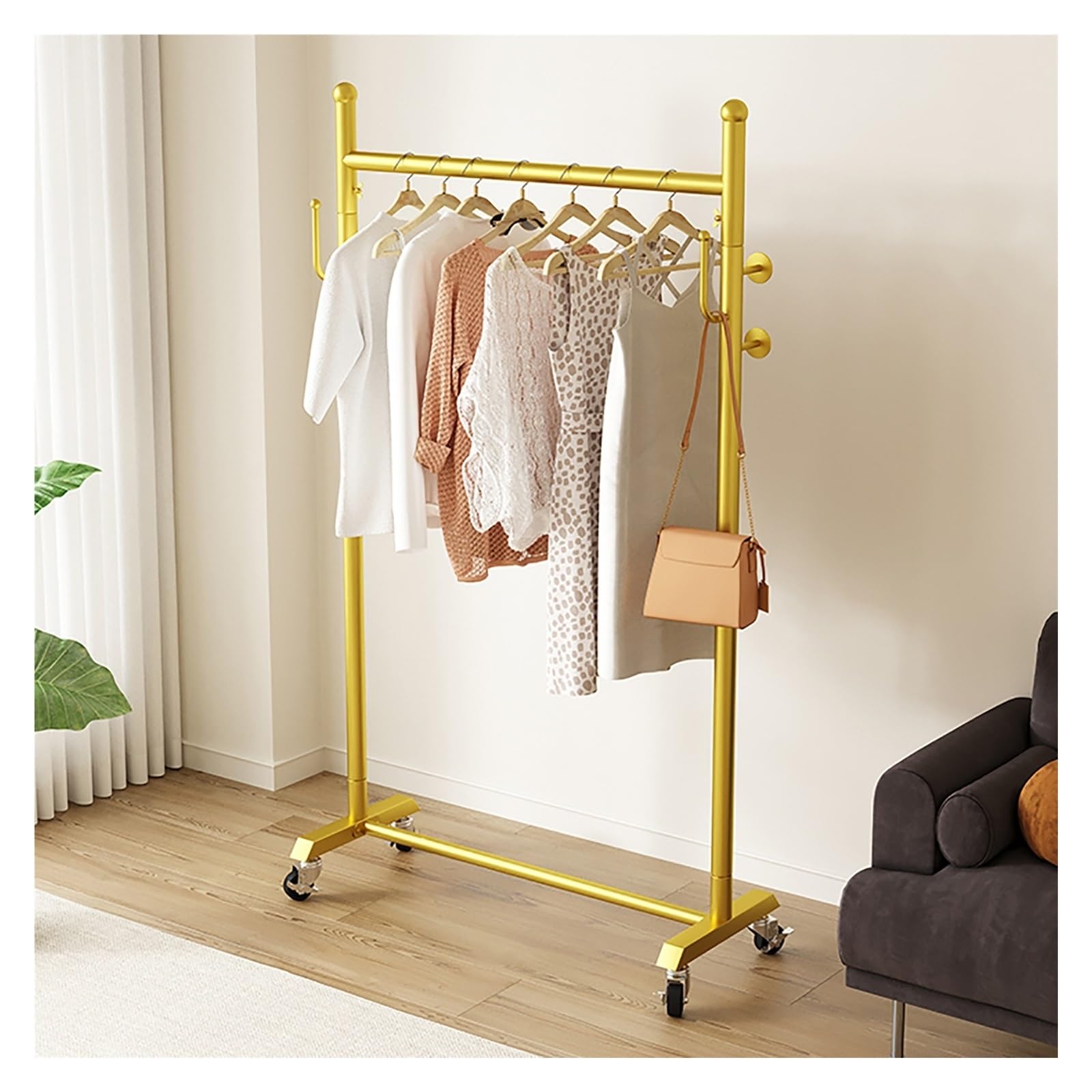 Perchero Colgador - Appendiabiti con ruote, per appendere abiti, camicie, pantaloni e giacche, 60 x 35 x 155 cm, colore: oro