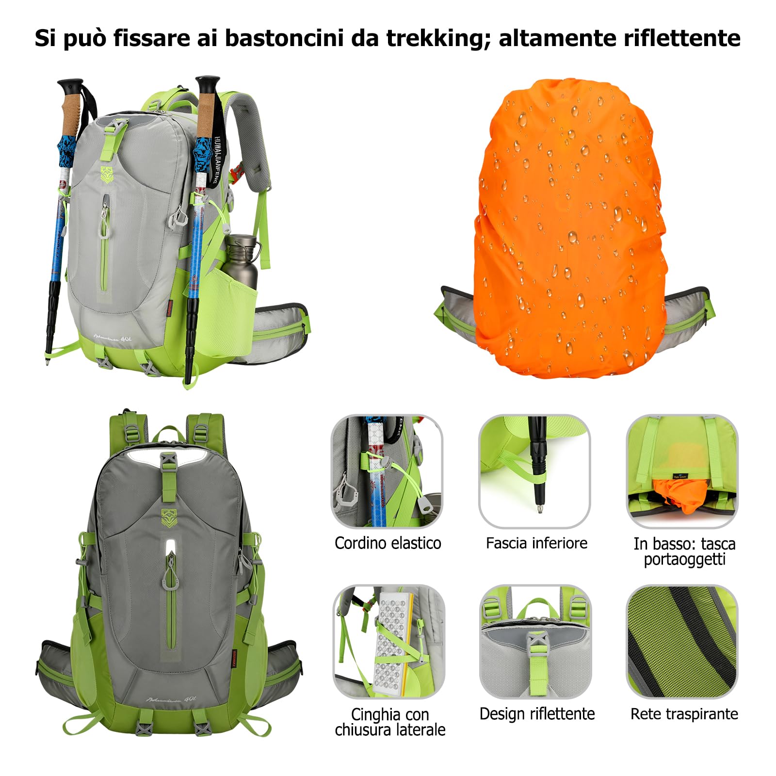 Zaino da Trekking 40L Zaino Impermeabile Grande Zaini Hiking Nylon Campeggio Backpack per Donna Uomo Viaggio Sport Nero
