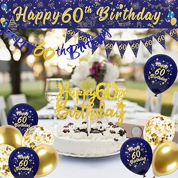 60th Birthday Decoration for Men Him Navy Blue Happy Birthday Banner Balloon