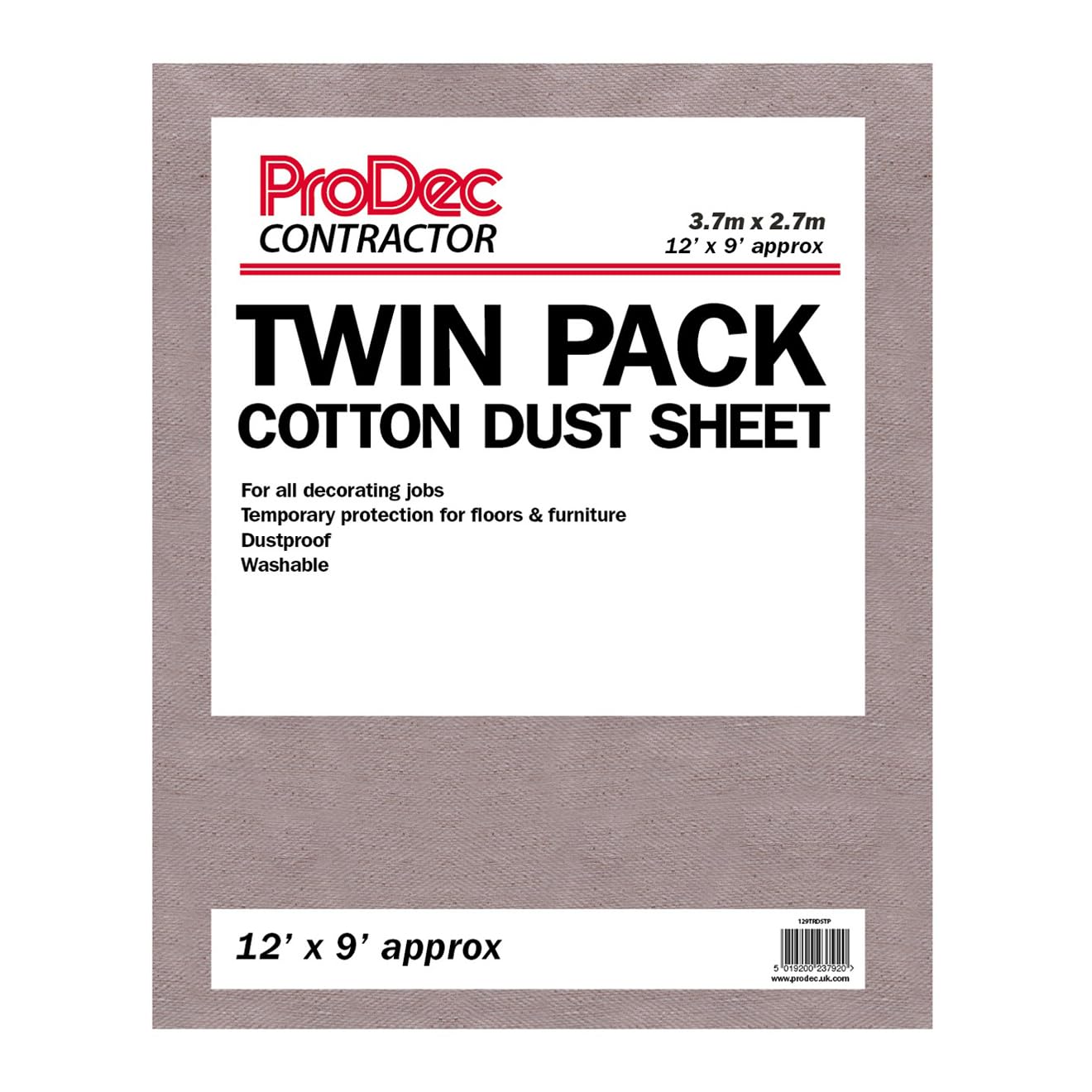ProDec Contractor 2 pk 12ft x 9ft Cotton Dust Sheet for Decorating, Carpet Protector, Washable Drop Cloth, Paint Shield, Painting Sheets, Heavy Duty Dust Sheets for Furniture, Paint Cloth