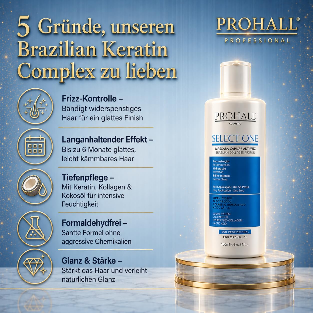 Blonde Keratin-Haarglättungsbehandlung zu Hause–Formaldehydfreie brasilianische Keratin-Haarmaske für widerspenstiges & krauses Haar–Dauerhafte Haarglättung hält bis zu 6 Monate-Select1 Prohall-3.4FLz