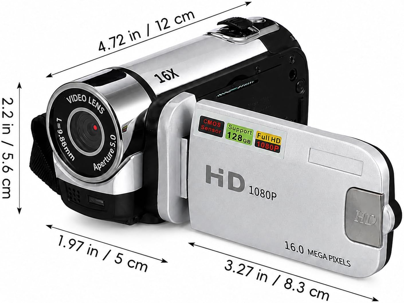 Portable Digital Camcorder, 1080P DV Camera Vlogging Recorder, 2.7-inch LCD Screen, 16x Digital Zoom, and Built-in Battery with 32GB Card for Beginners(Silver)
