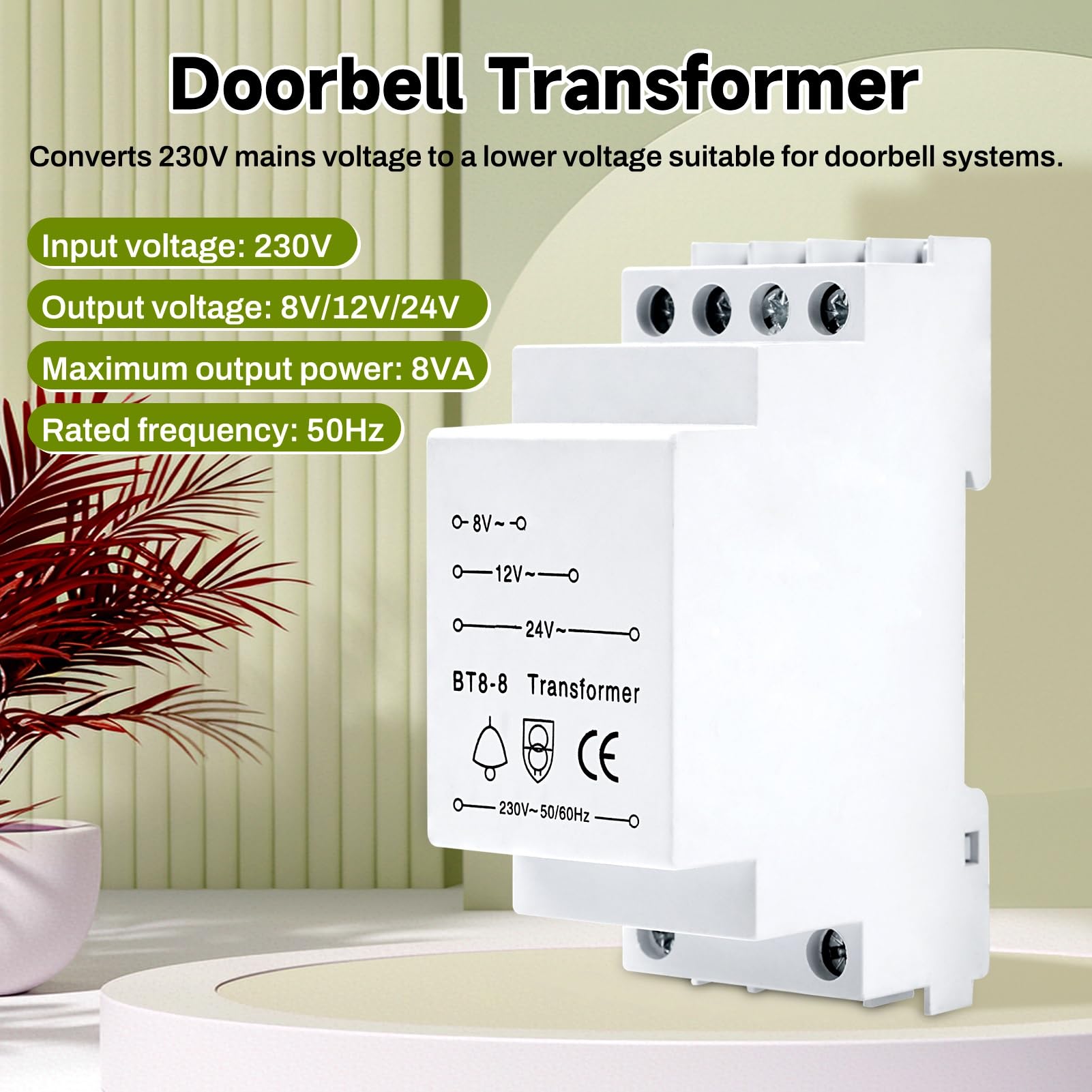 DEWIN Türklingeltransformator, BT8-8 Türklingel-Transformator 8 V/12 V/24 V Kompatibel mit Ring/Bell DIN-Schienen-Türklingelschutz
